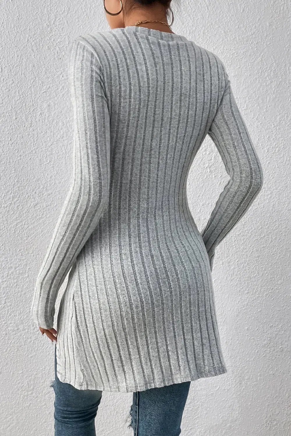 Kadın Gri Düğme Detaylı Kare Yaka Fitilli Asimetrik Etekli Uzun K