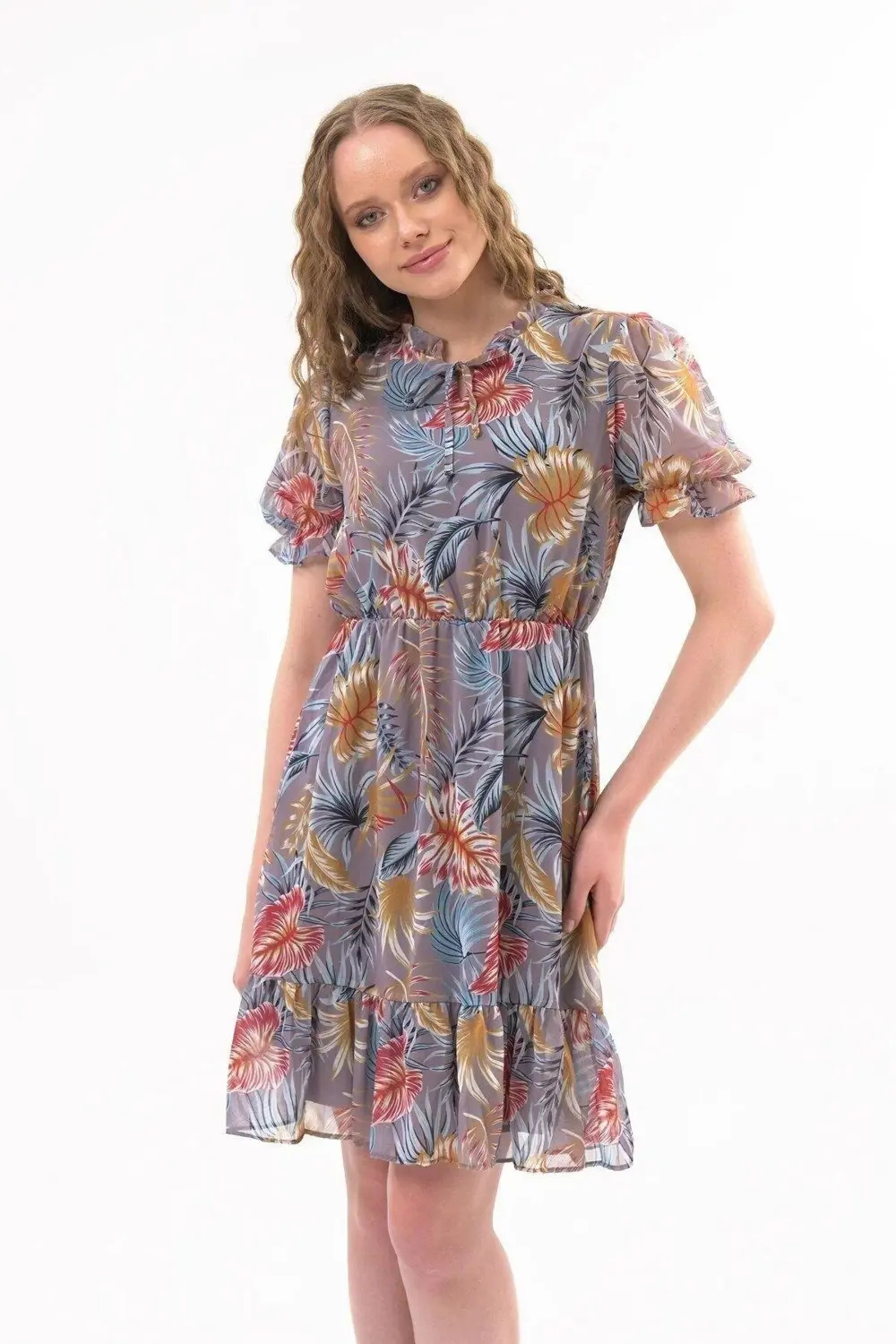 Kadın Gri Fırfırlı Bağlamalı Yaka Midi Şifon Elbise 4432-100