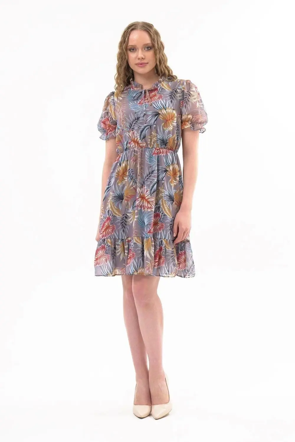 Kadın Gri Fırfırlı Bağlamalı Yaka Midi Şifon Elbise 4432-100