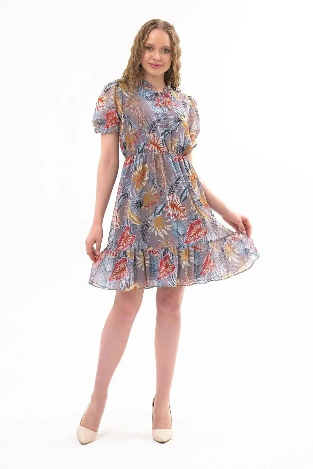 Kadın Gri Fırfırlı Bağlamalı Yaka Midi Şifon Elbise 4432-100