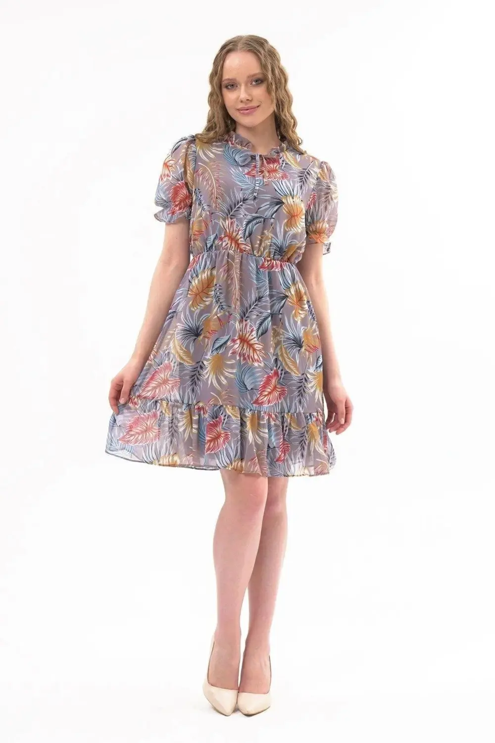 Kadın Gri Fırfırlı Bağlamalı Yaka Midi Şifon Elbise 4432-100