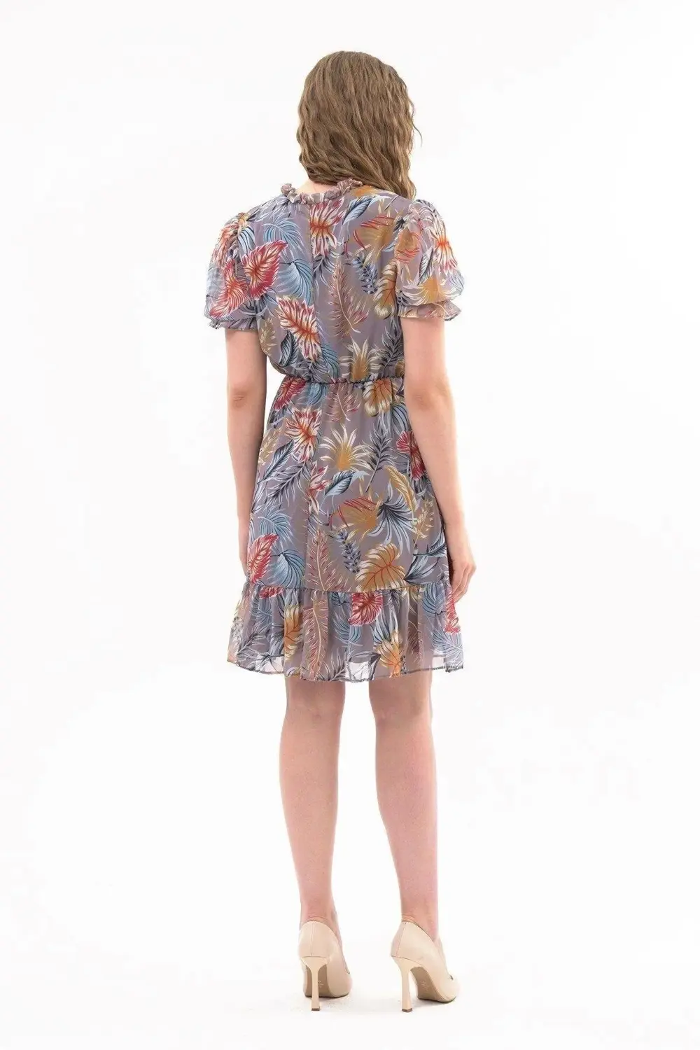 Kadın Gri Fırfırlı Bağlamalı Yaka Midi Şifon Elbise 4432-100