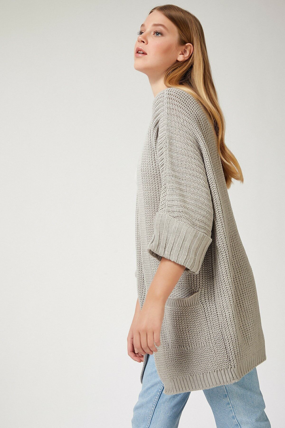 Tommy Hilfiger Kadın Gri Oversize Kalıp Cepli Salaş Triko Hırka Duble Kol