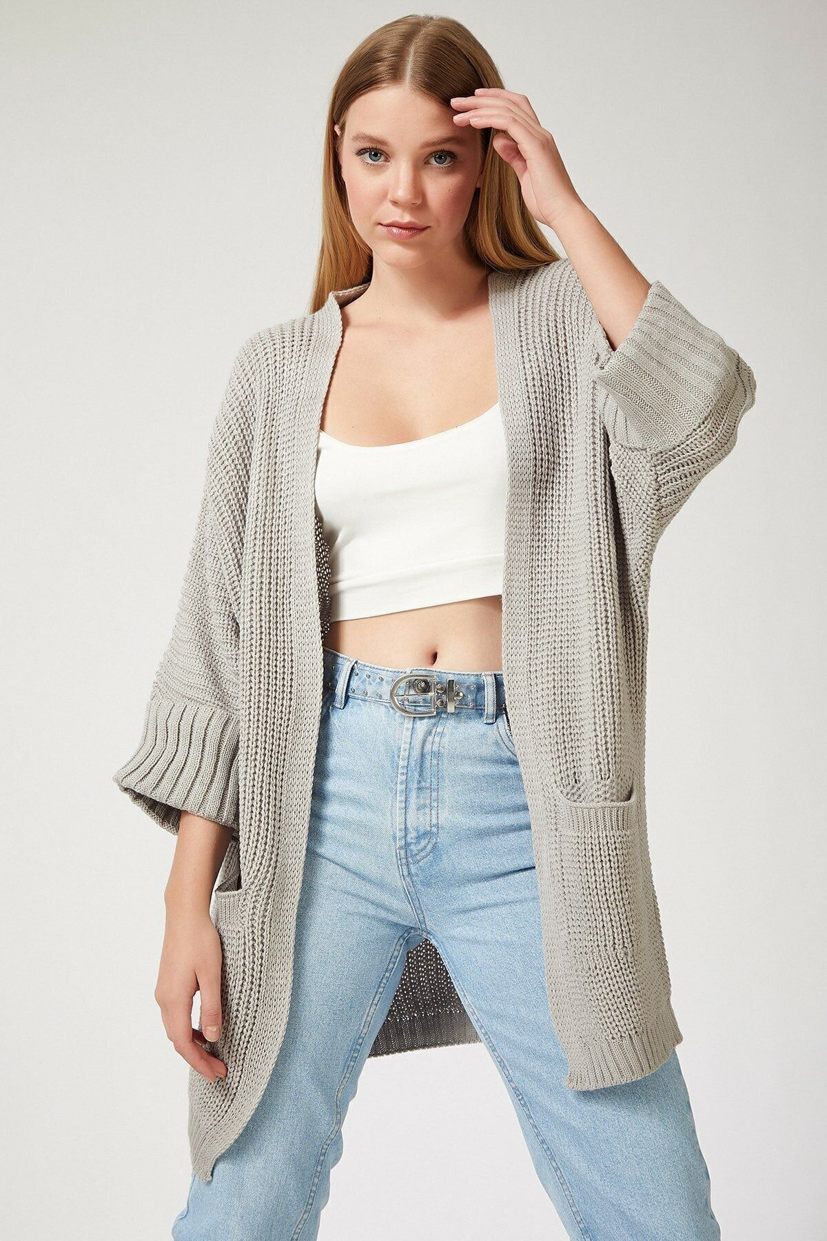 Tommy Hilfiger Kadın Gri Oversize Kalıp Cepli Salaş Triko Hırka Duble Kol