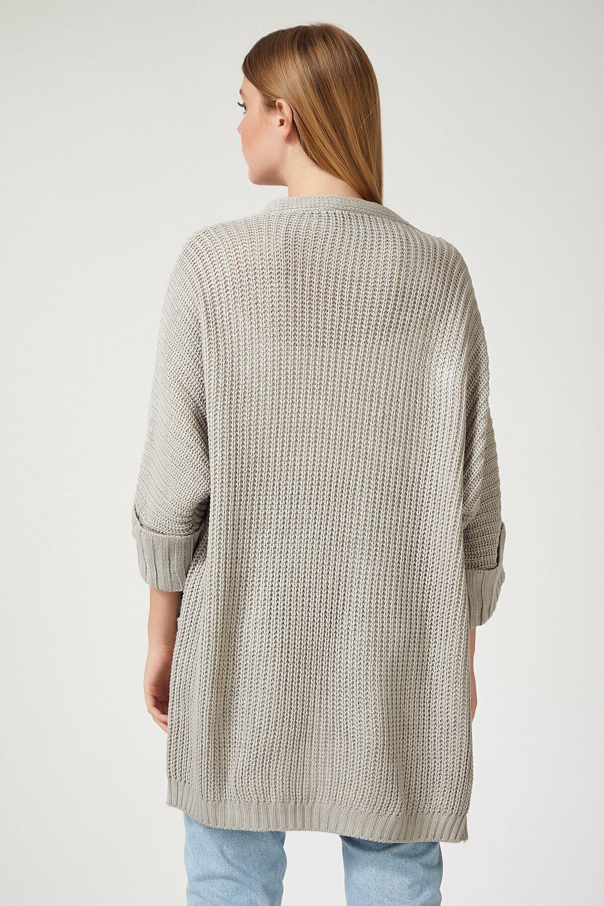 Tommy Hilfiger Kadın Gri Oversize Kalıp Cepli Salaş Triko Hırka Duble Kol