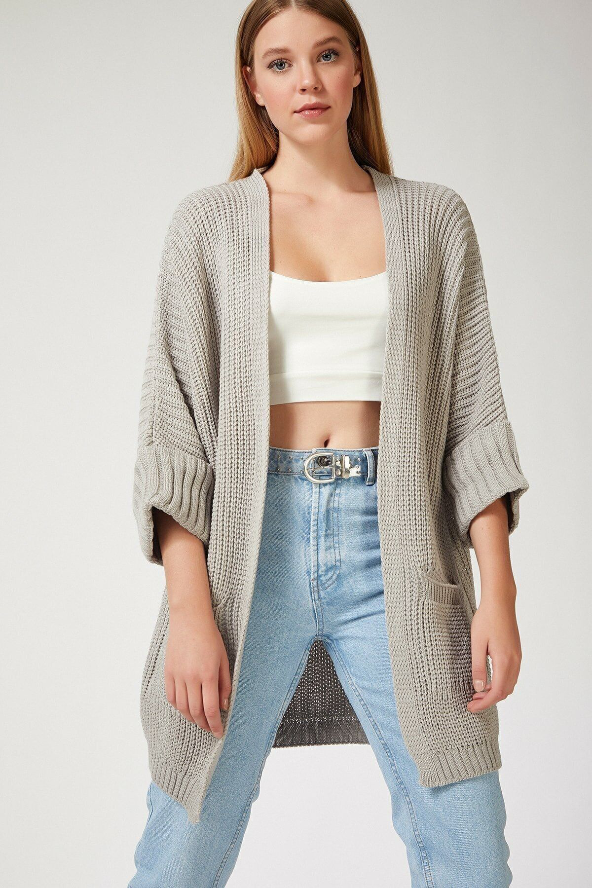 Tommy Hilfiger Kadın Gri Oversize Kalıp Cepli Salaş Triko Hırka Duble Kol