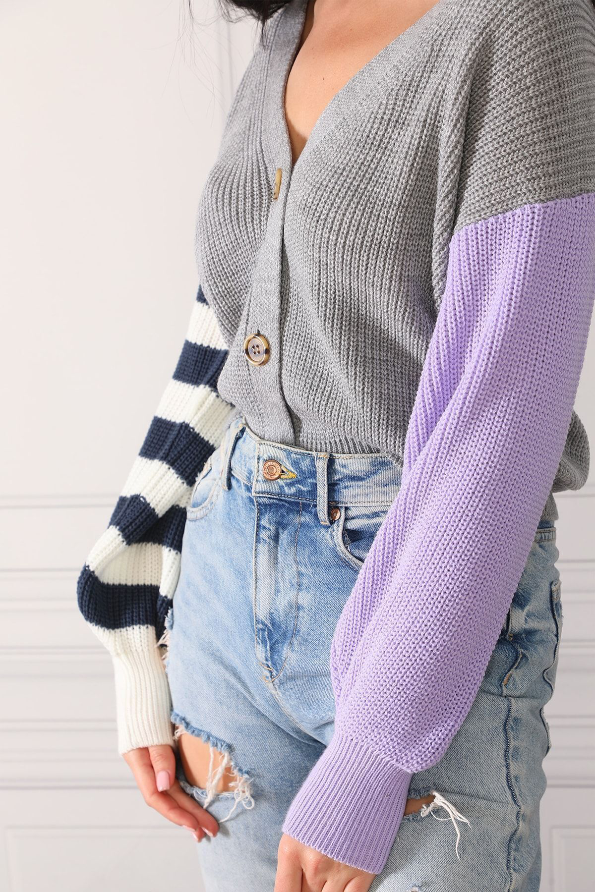 Dreamlike Kadın Gri Renk Bloklu Trend Model Triko Hırka