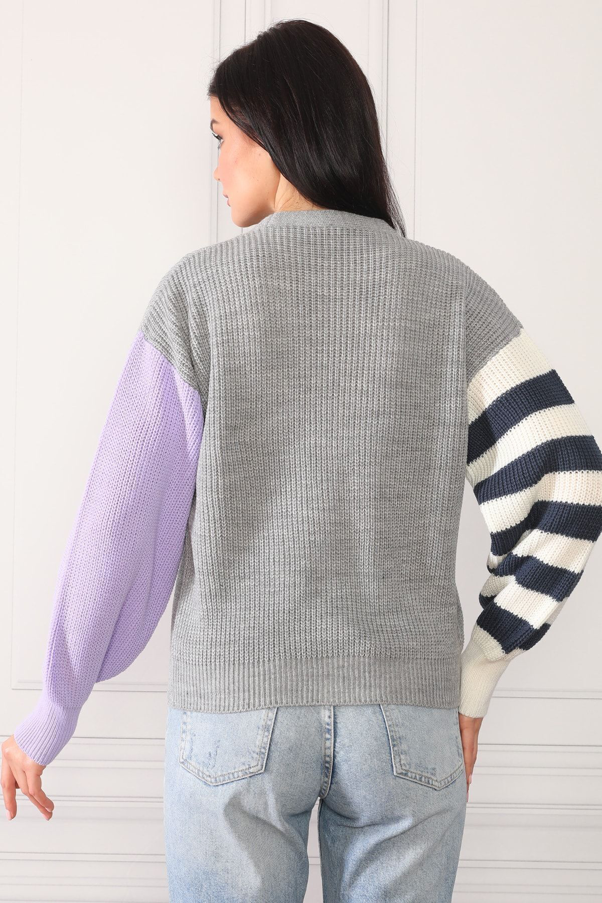 Dreamlike Kadın Gri Renk Bloklu Trend Model Triko Hırka