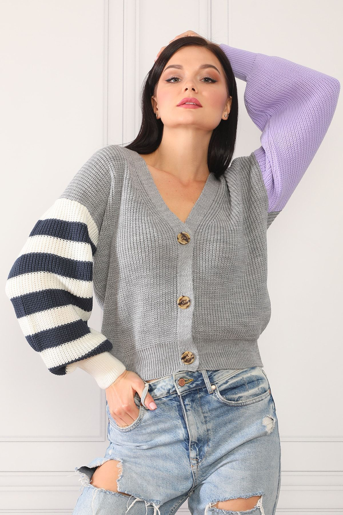 Dreamlike Kadın Gri Renk Bloklu Trend Model Triko Hırka