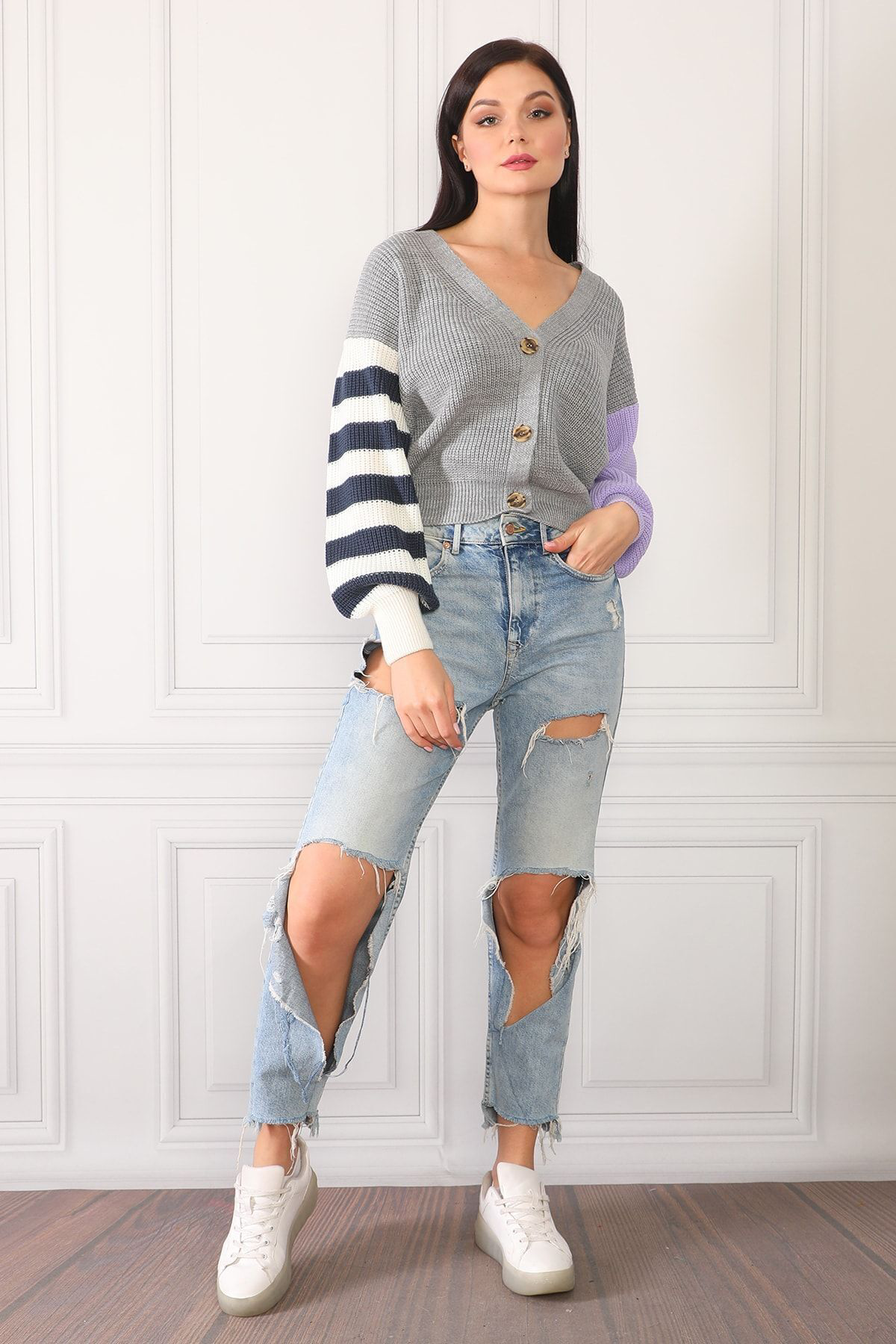 Dreamlike Kadın Gri Renk Bloklu Trend Model Triko Hırka