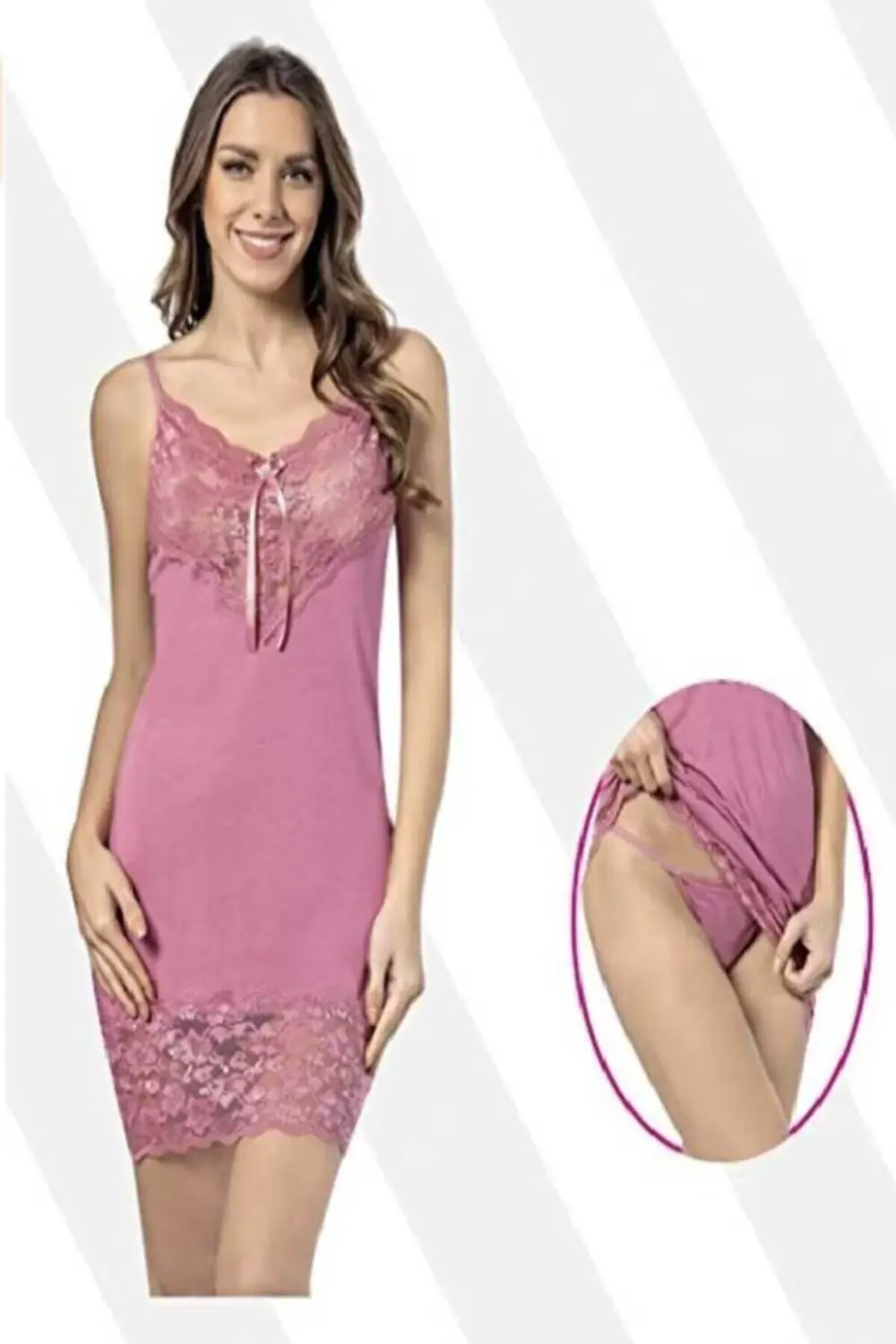 Kadın Gül Kurusu Takım Dantelli Fiyonklu Gecelik