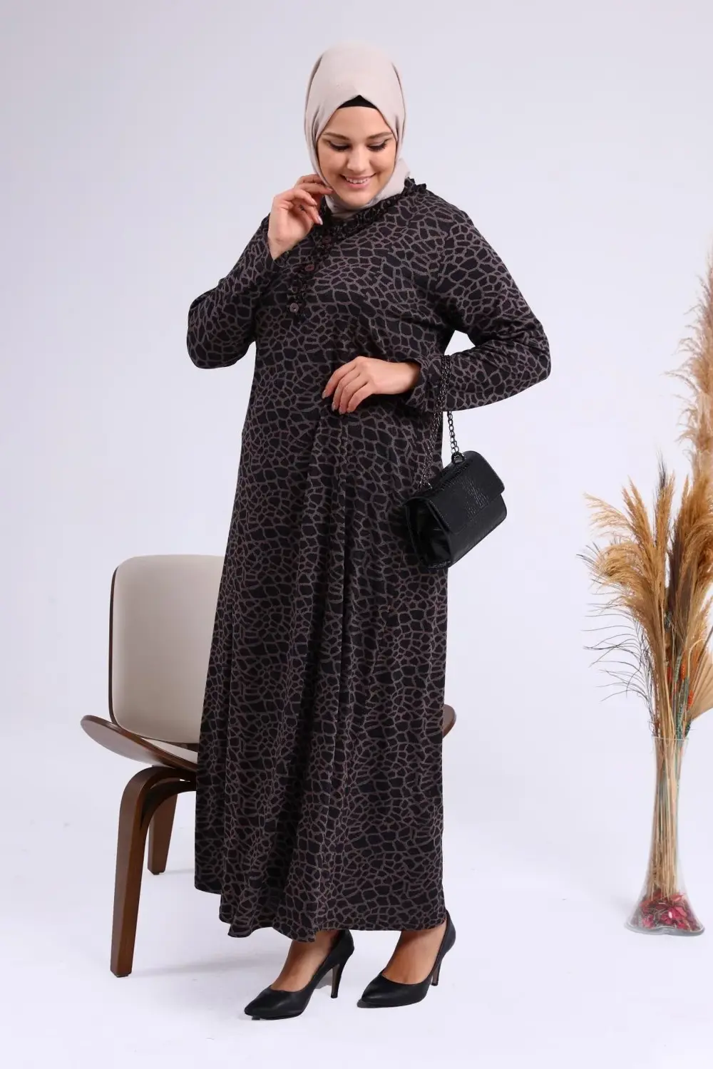 Kadin Gunluk Elbise Tesettur Leopar Desenli Buyuk Beden Elbise