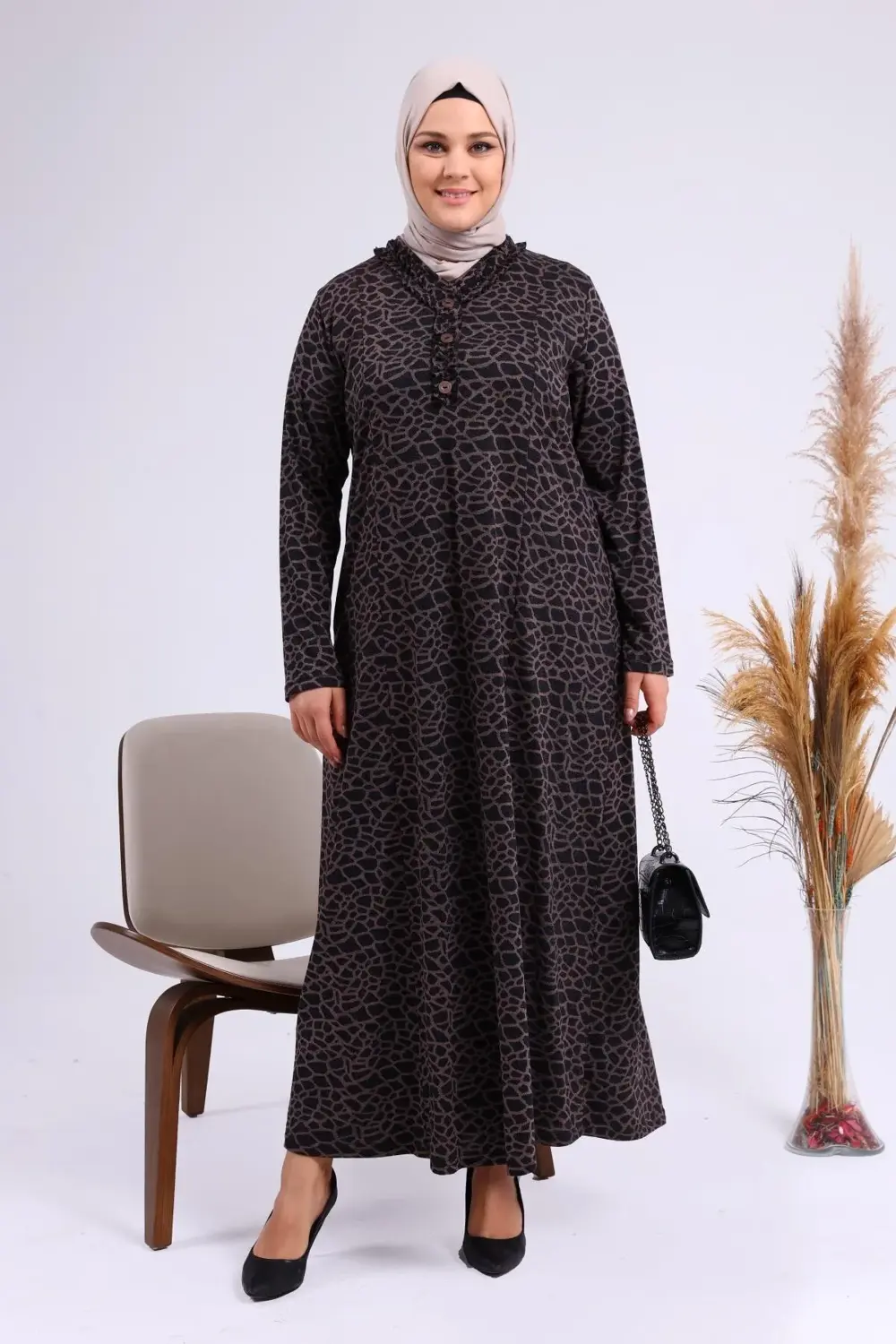 Kadin Gunluk Elbise Tesettur Leopar Desenli Buyuk Beden Elbise