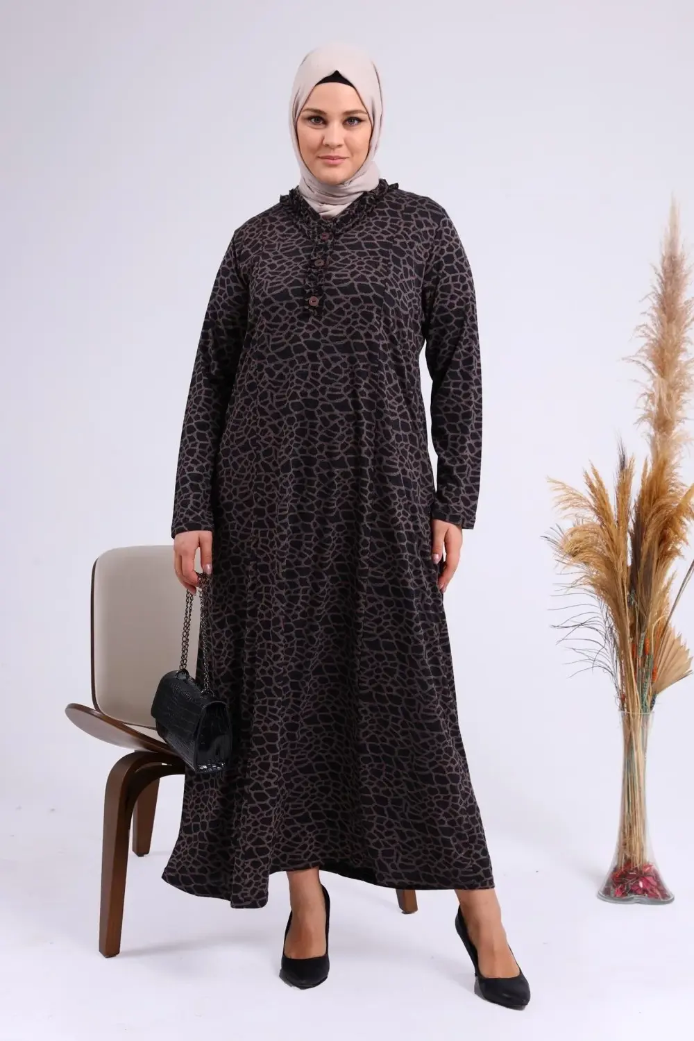 Kadin Gunluk Elbise Tesettur Leopar Desenli Buyuk Beden Elbise