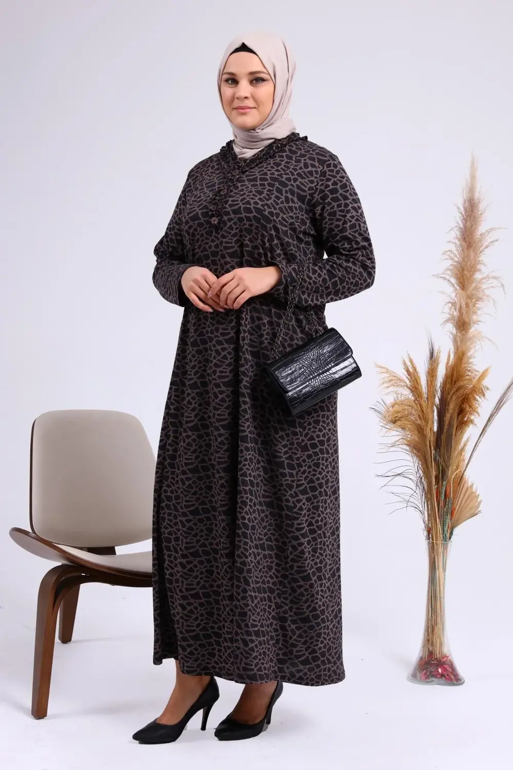 Kadin Gunluk Elbise Tesettur Leopar Desenli Buyuk Beden Elbise