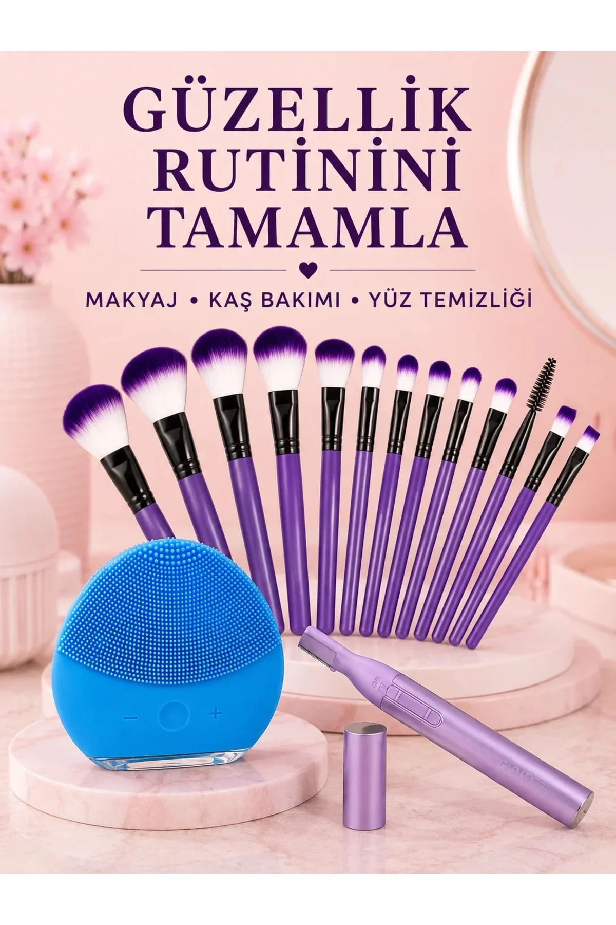 Kadın Güzellik Seti 12’li Mor Makyaj Fırçası Kaş Düzeltici ve Silikon Yüz Temizleme Cihazı Cilt Bakı