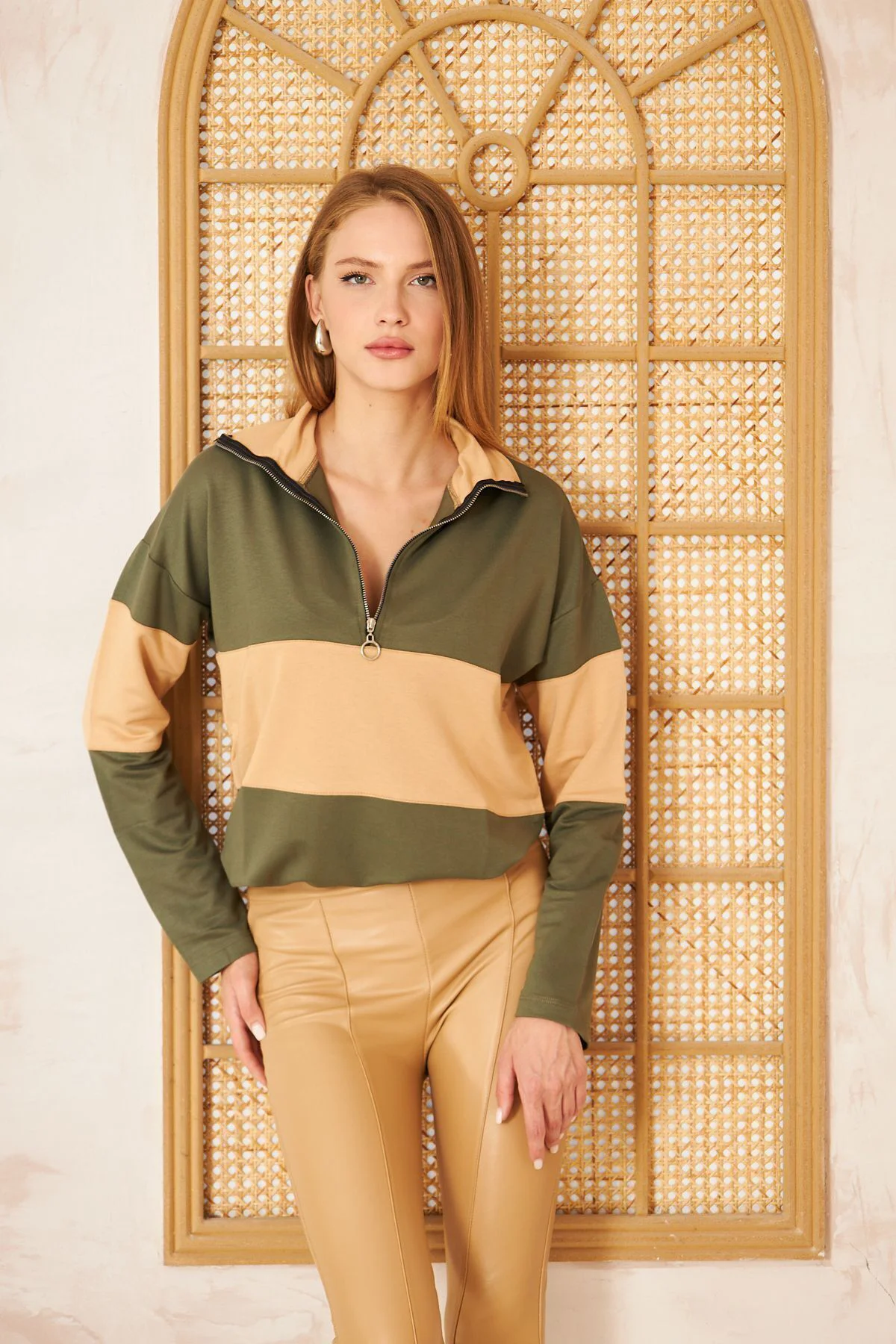 Kadın Mint Bej Uzun Kol Fermuarlı Polo Yaka Color Block Basic Sal