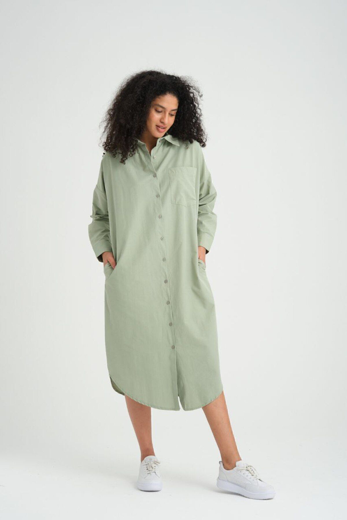 Yıldızistan Kadın Haki Bol Kesim Uzun Kollu Poplin Cepli Oversize Uzun Tunik