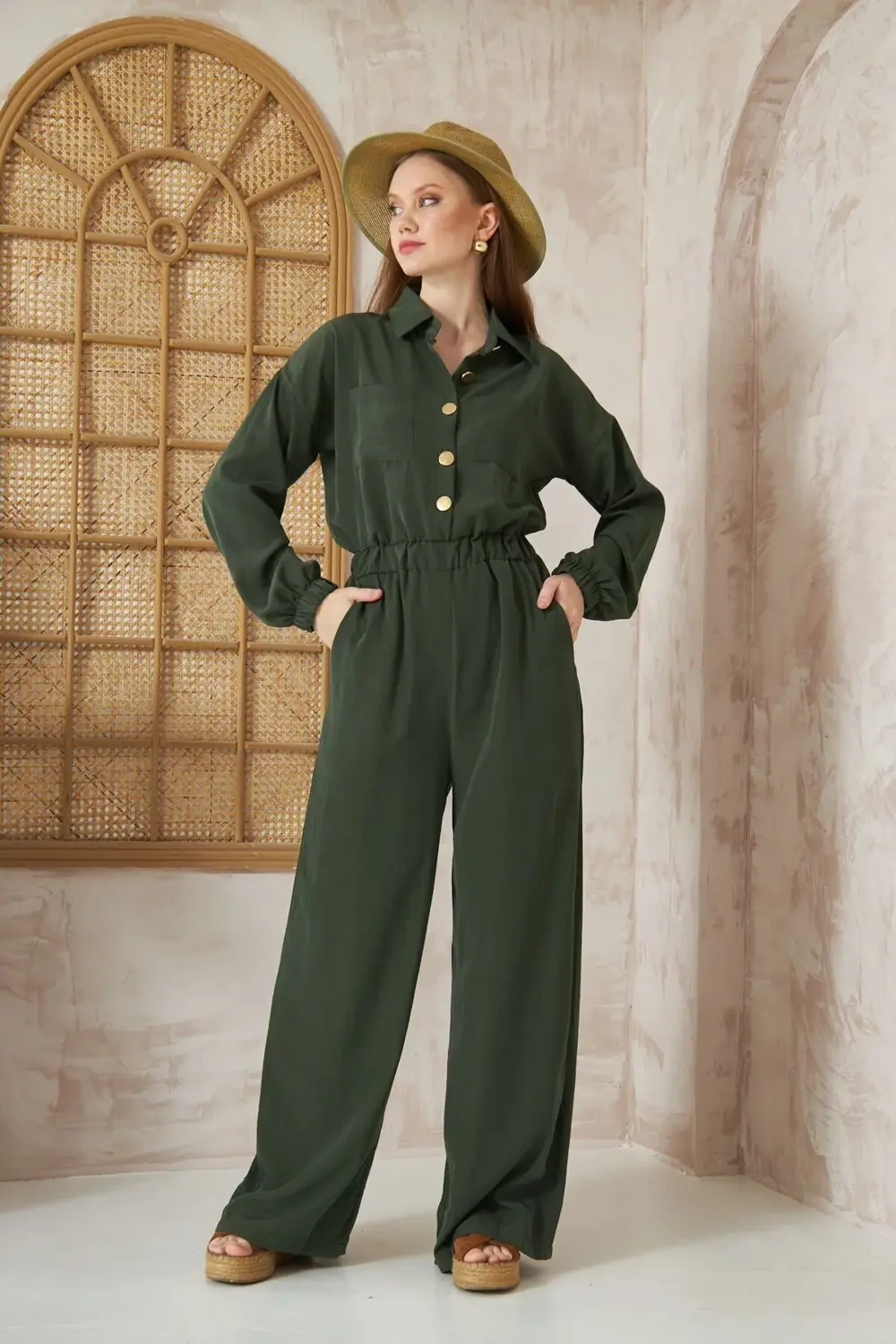 Kadın Haki Cepli Beli Lastikli Uzun Kol Bol Kesim Kupra Tulum 336