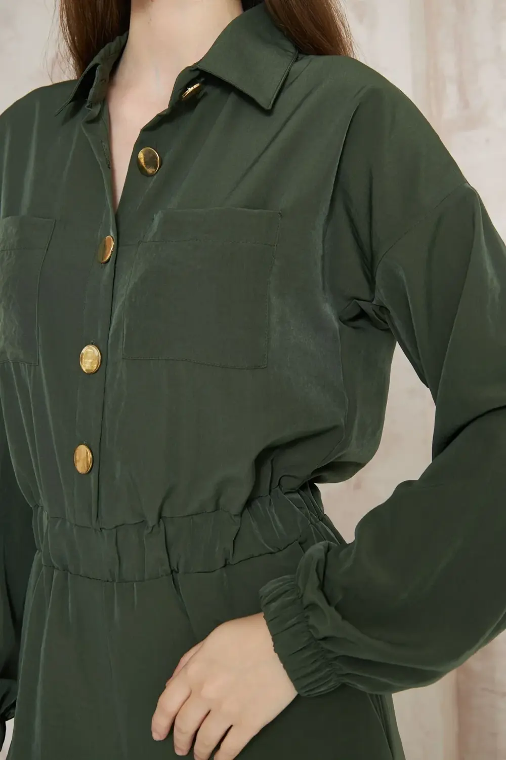 Kadın Haki Cepli Beli Lastikli Uzun Kol Bol Kesim Kupra Tulum 336