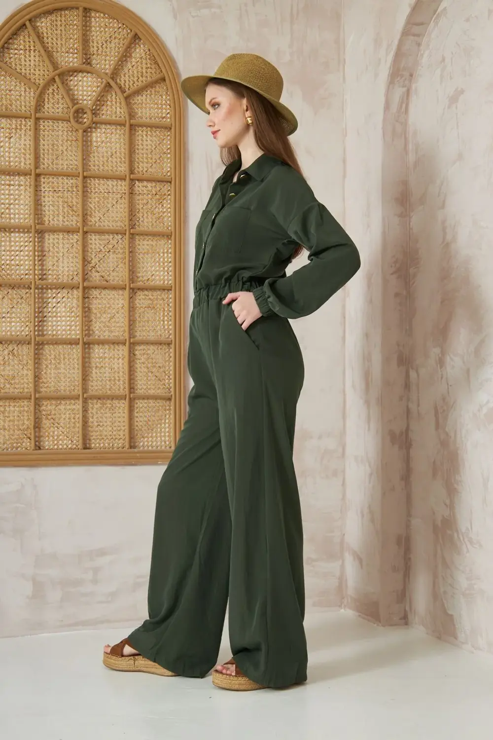 Kadın Haki Cepli Beli Lastikli Uzun Kol Bol Kesim Kupra Tulum 336