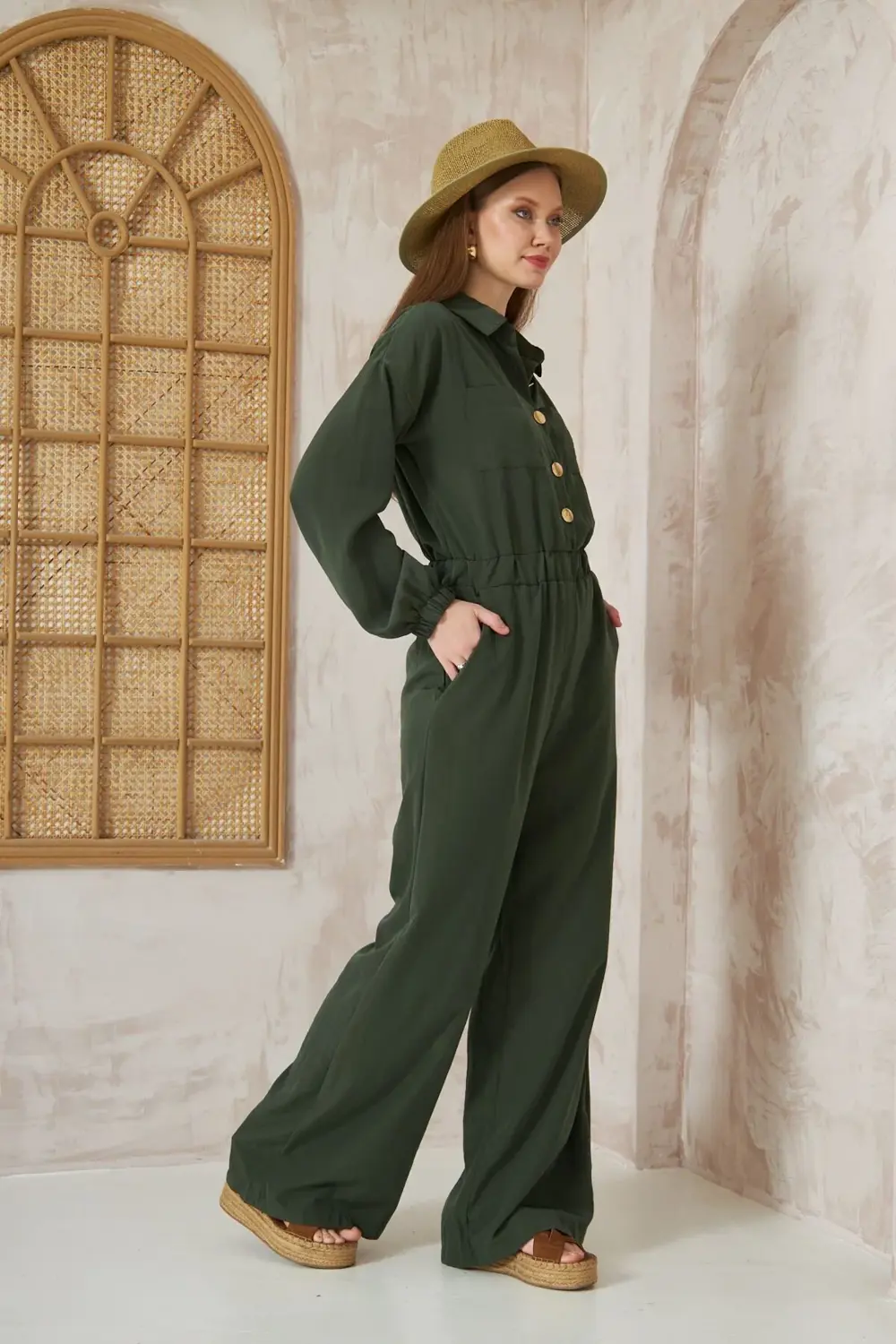 Kadın Haki Cepli Beli Lastikli Uzun Kol Bol Kesim Kupra Tulum 336