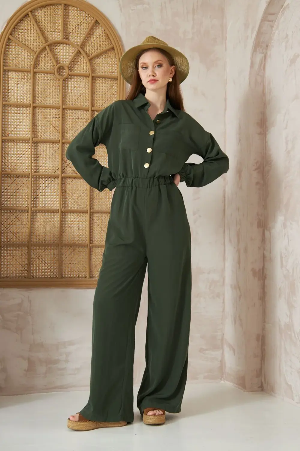 Kadın Haki Cepli Beli Lastikli Uzun Kol Bol Kesim Kupra Tulum 336