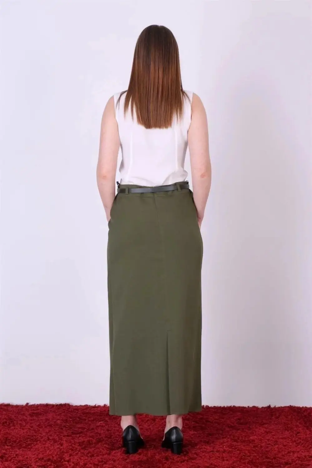 Kadın Haki Mevsimlik Kapalı Yırtmaç Detaylı Kemerli Tesettür etek