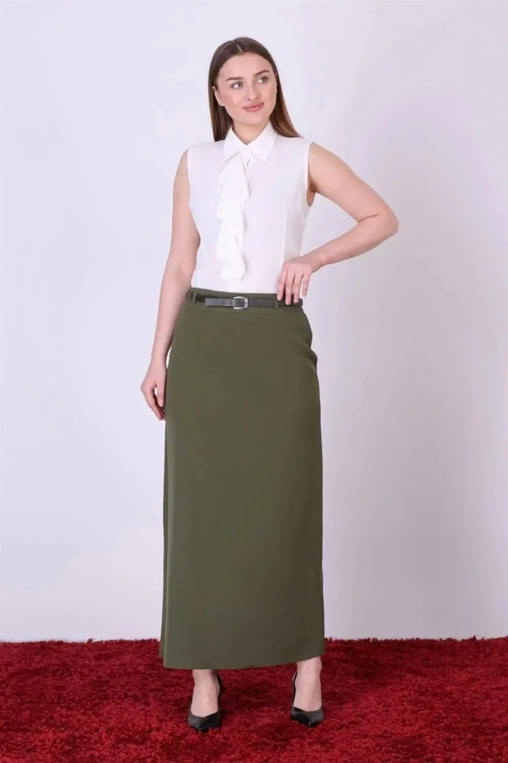 Kadın Haki Mevsimlik Kapalı Yırtmaç Detaylı Kemerli Tesettür etek