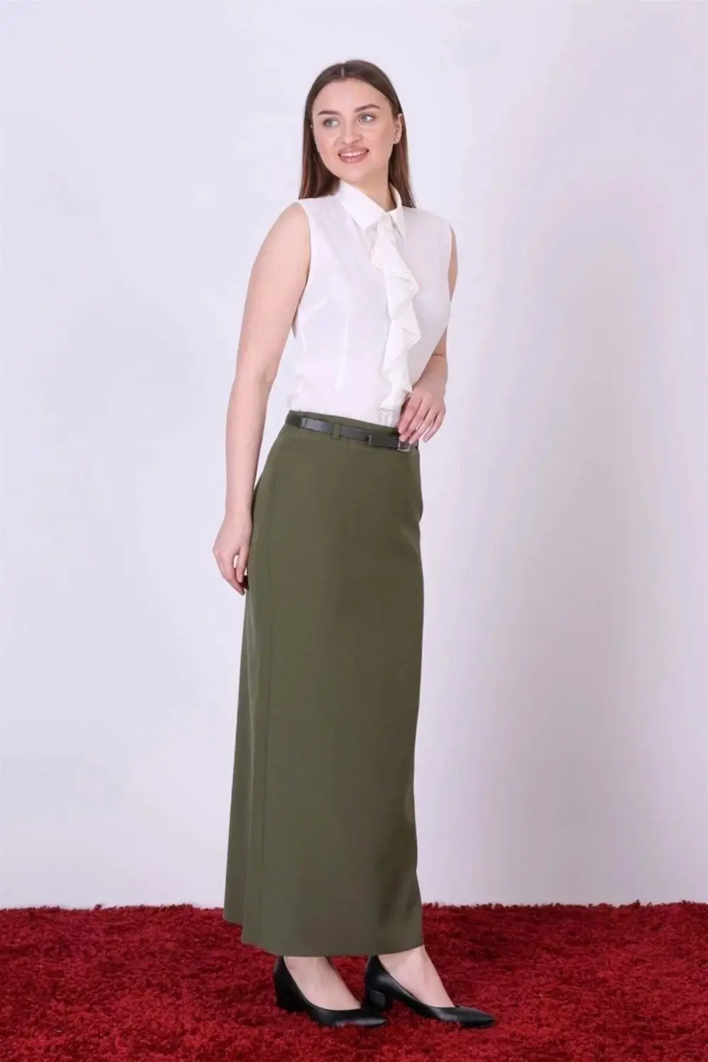 Kadın Haki Mevsimlik Kapalı Yırtmaç Detaylı Kemerli Tesettür etek