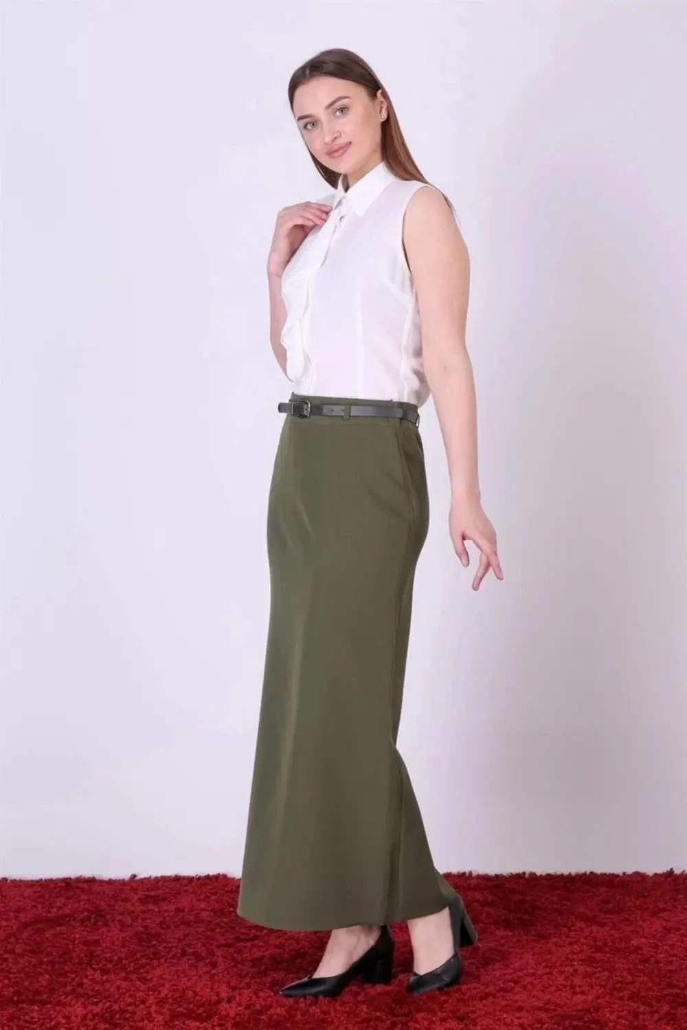 Kadın Haki Mevsimlik Kapalı Yırtmaç Detaylı Kemerli Tesettür etek