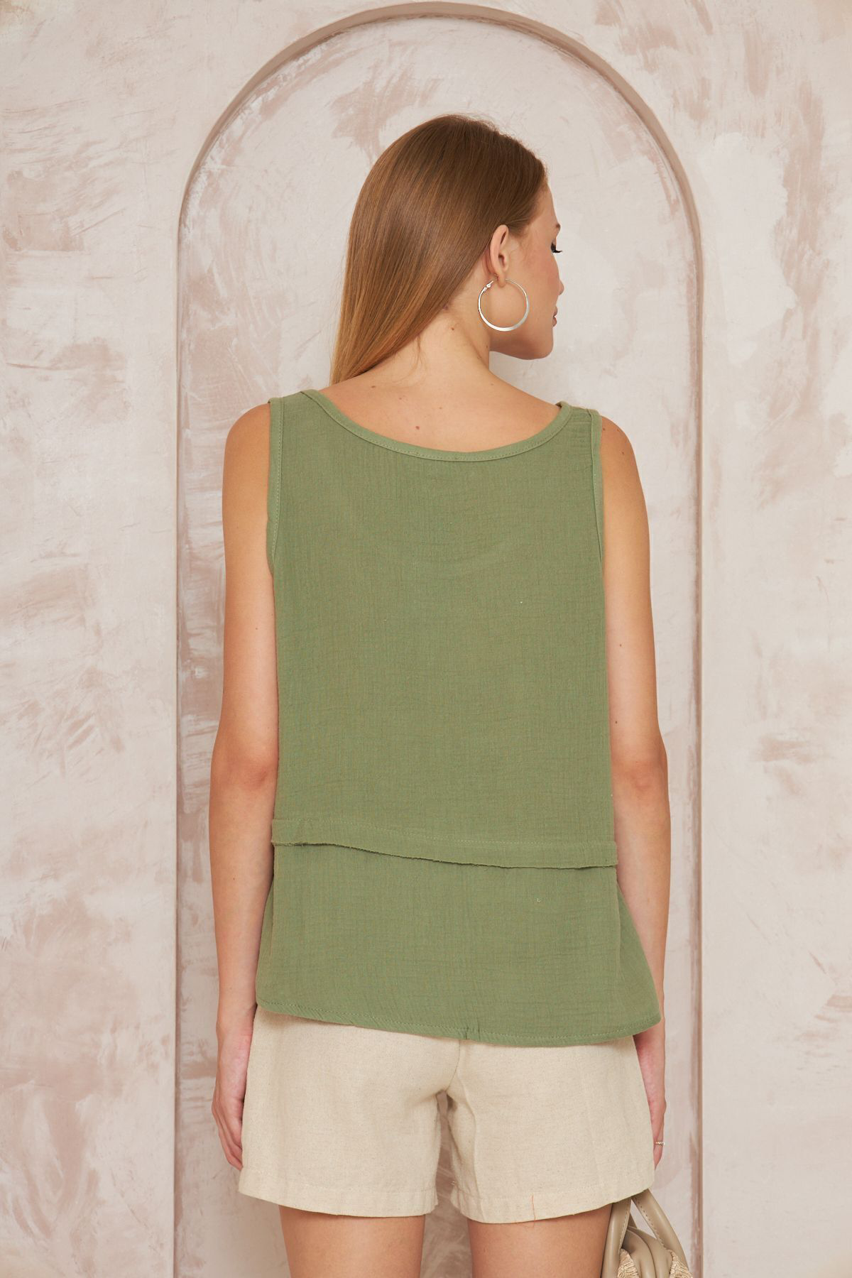 Kadın Haki Muslin Pis Dikiş Askılı Katlı Salaş Basic Atlet Bluz 3