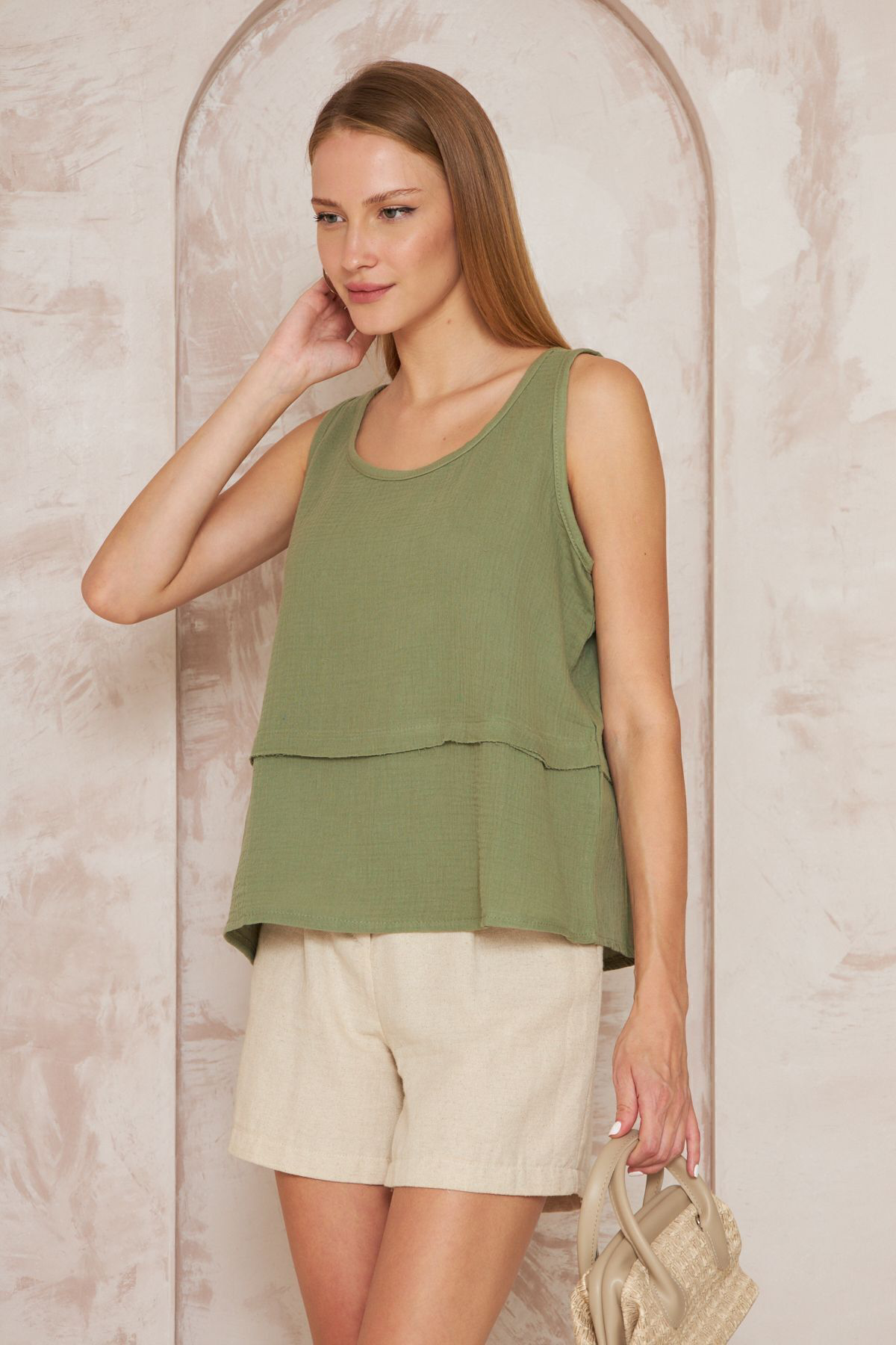 Kadın Haki Muslin Pis Dikiş Askılı Katlı Salaş Basic Atlet Bluz 3