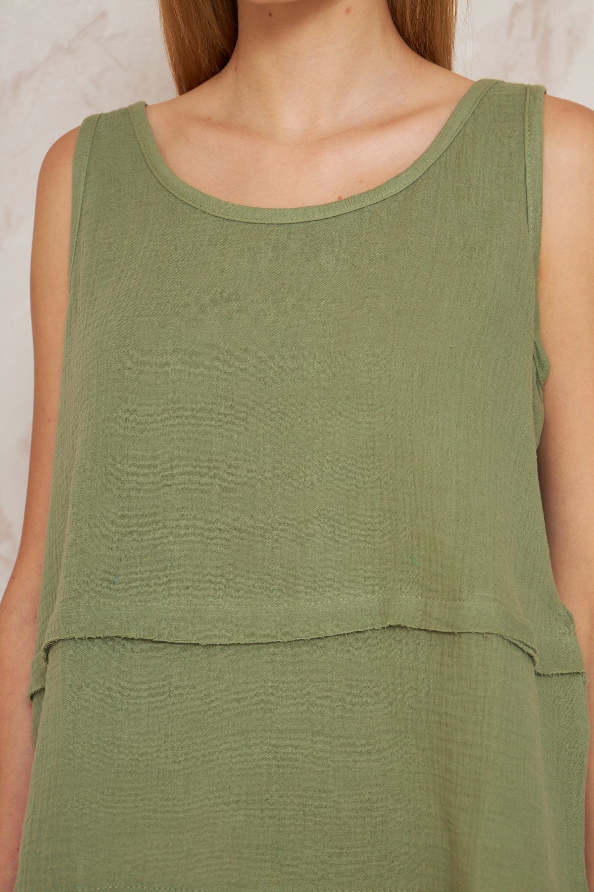 Kadın Haki Muslin Pis Dikiş Askılı Katlı Salaş Basic Atlet Bluz 3