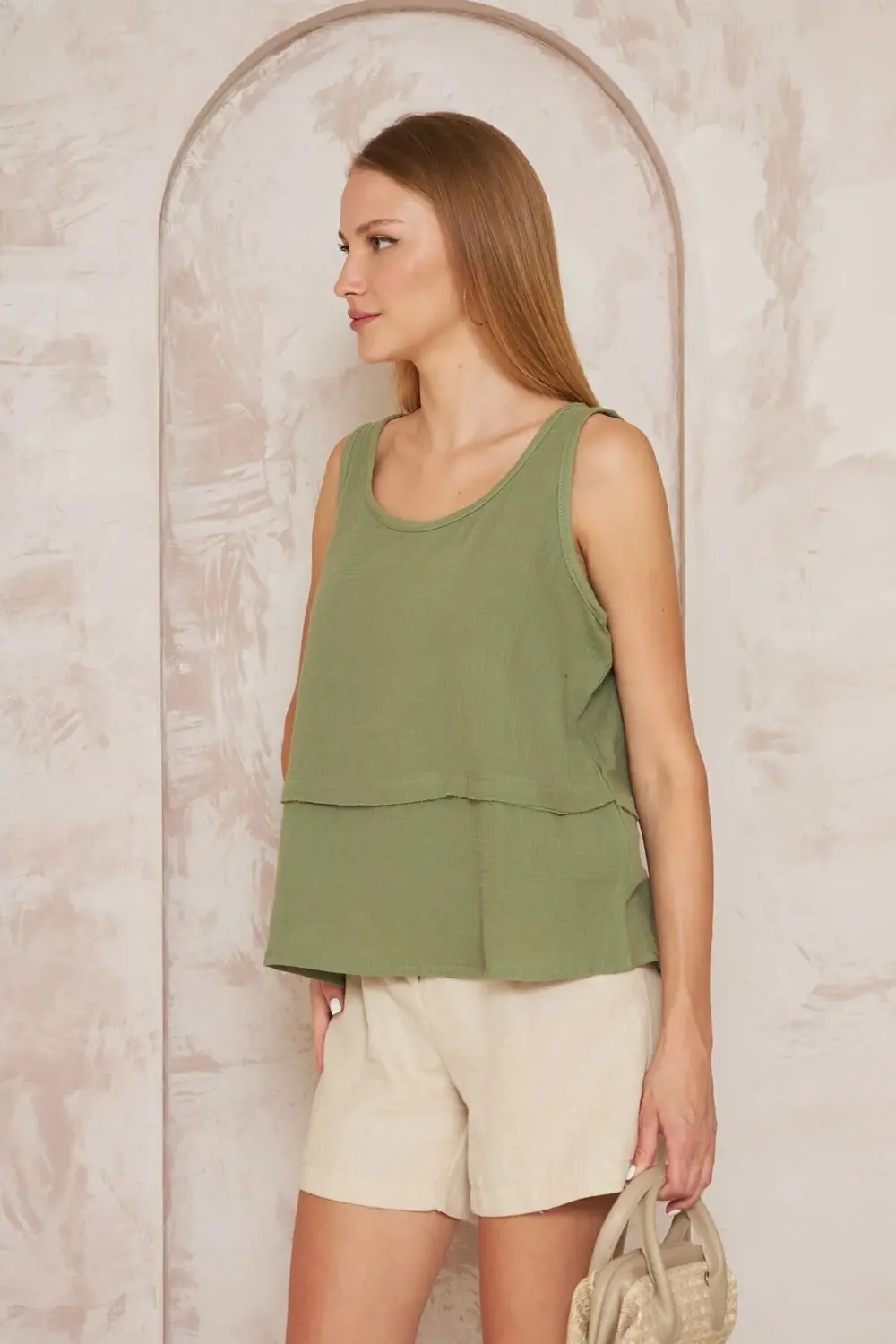 Kadın Haki Muslin Pis Dikiş Askılı Katlı Salaş Basic Atlet Bluz 3