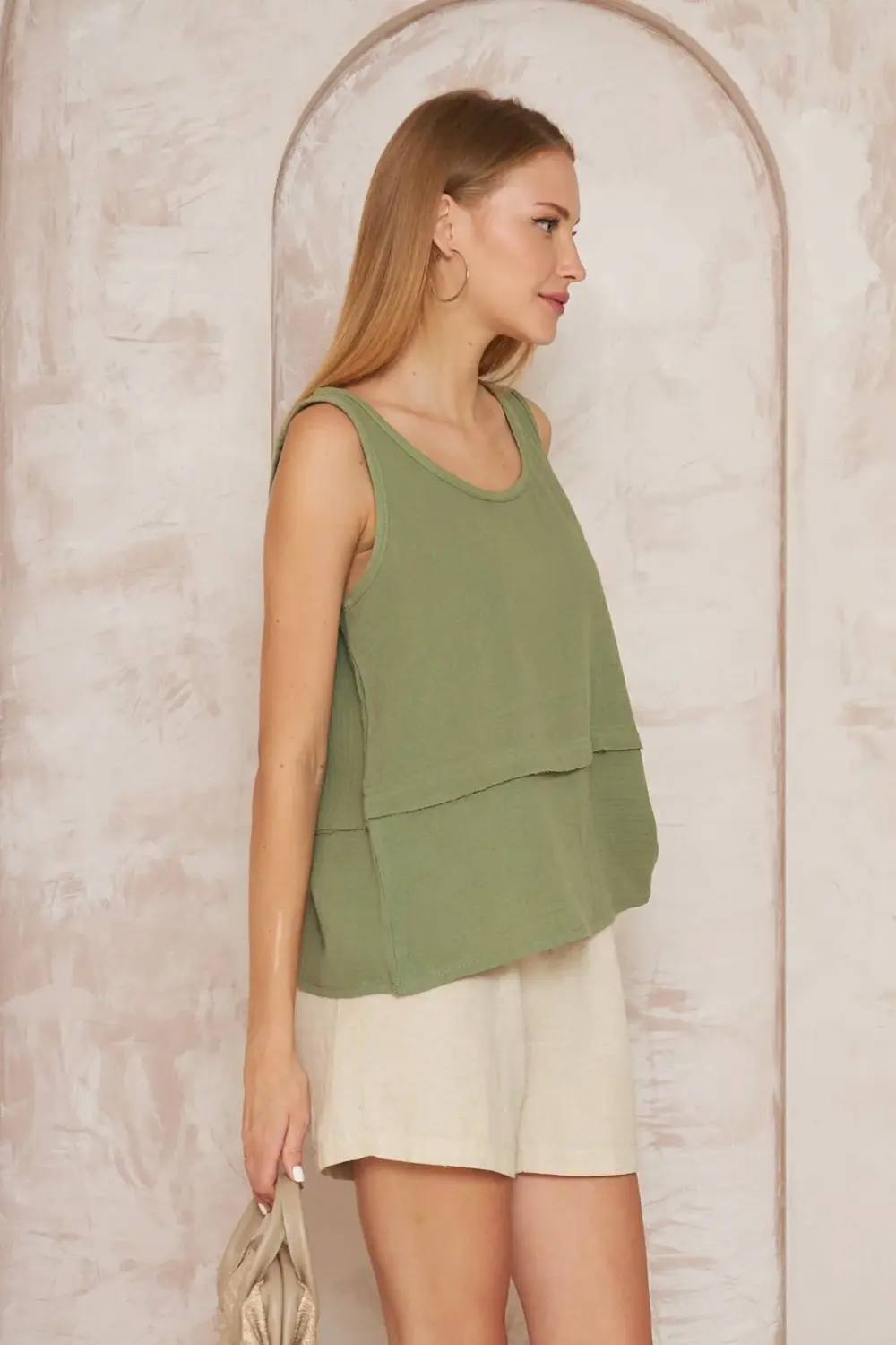 Kadın Haki Muslin Pis Dikiş Askılı Katlı Salaş Basic Atlet Bluz 3