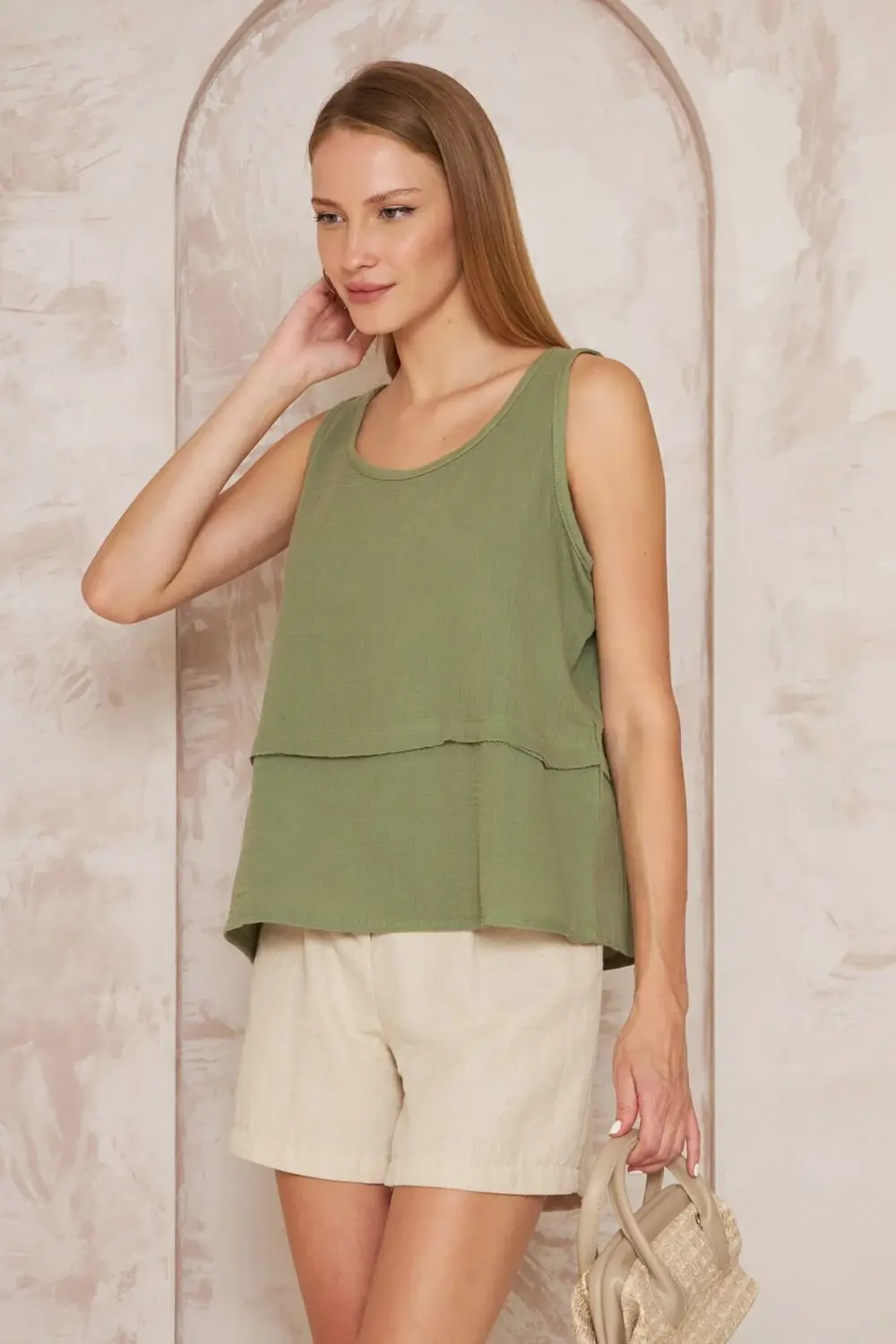Kadın Haki Muslin Pis Dikiş Askılı Katlı Salaş Basic Atlet Bluz 3