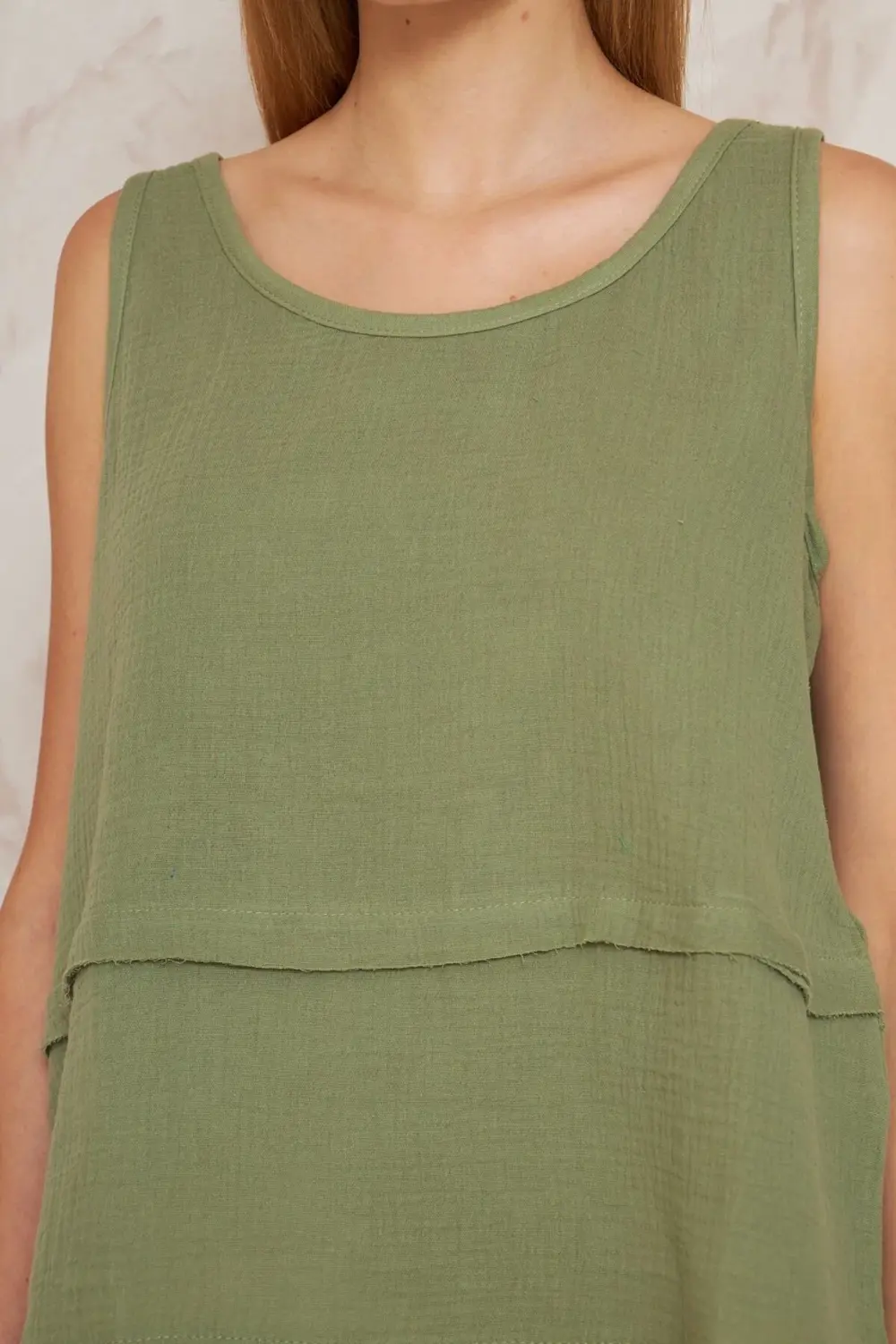 Kadın Haki Muslin Pis Dikiş Askılı Katlı Salaş Basic Atlet Bluz 3