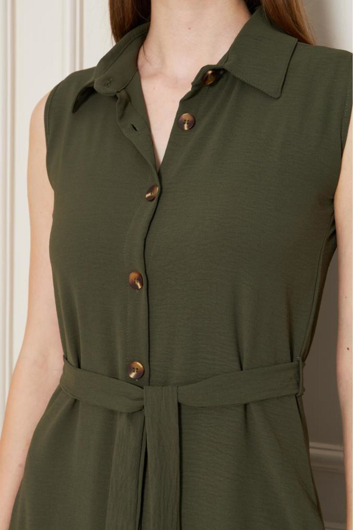 Pasaklı Giyim Kadın Haki Uzun Aerobin Elbise – Gömlek Yaka, Kolsuz, Kemerli, Ya