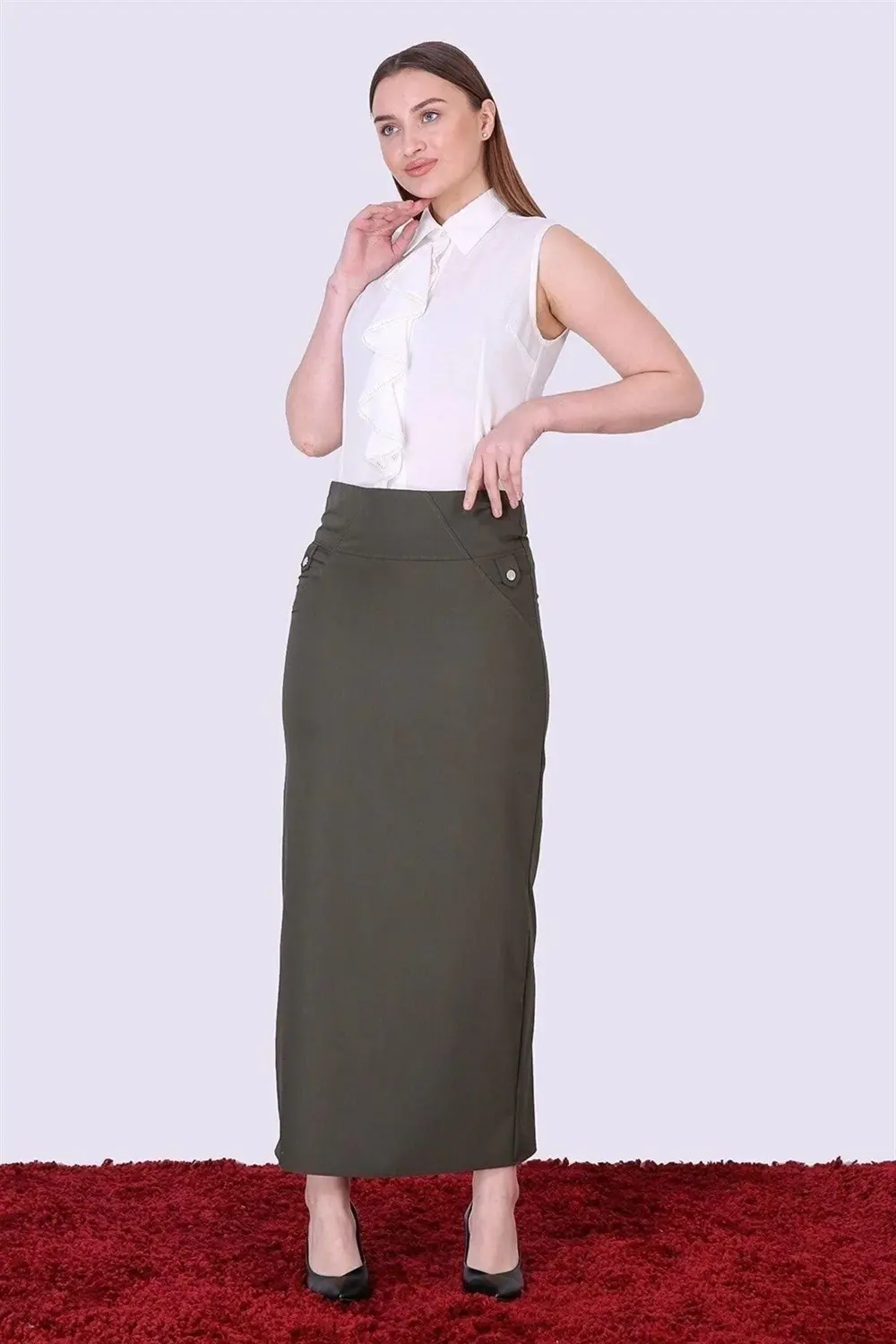 Kadın Haki Yeni Sezon Düğme Detaylı Kalem Etek 2104-95