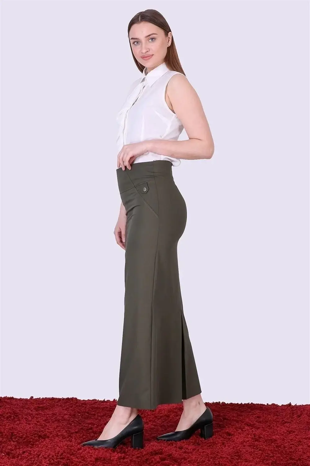 Kadın Haki Yeni Sezon Düğme Detaylı Kalem Etek 2104-95