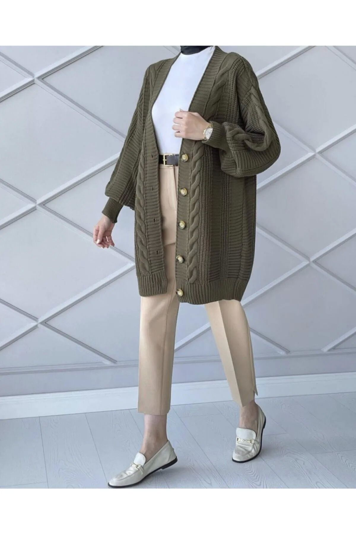 Didar Gümüş Kadın Haki Yeşil Kışlık Örgü Triko Hırka