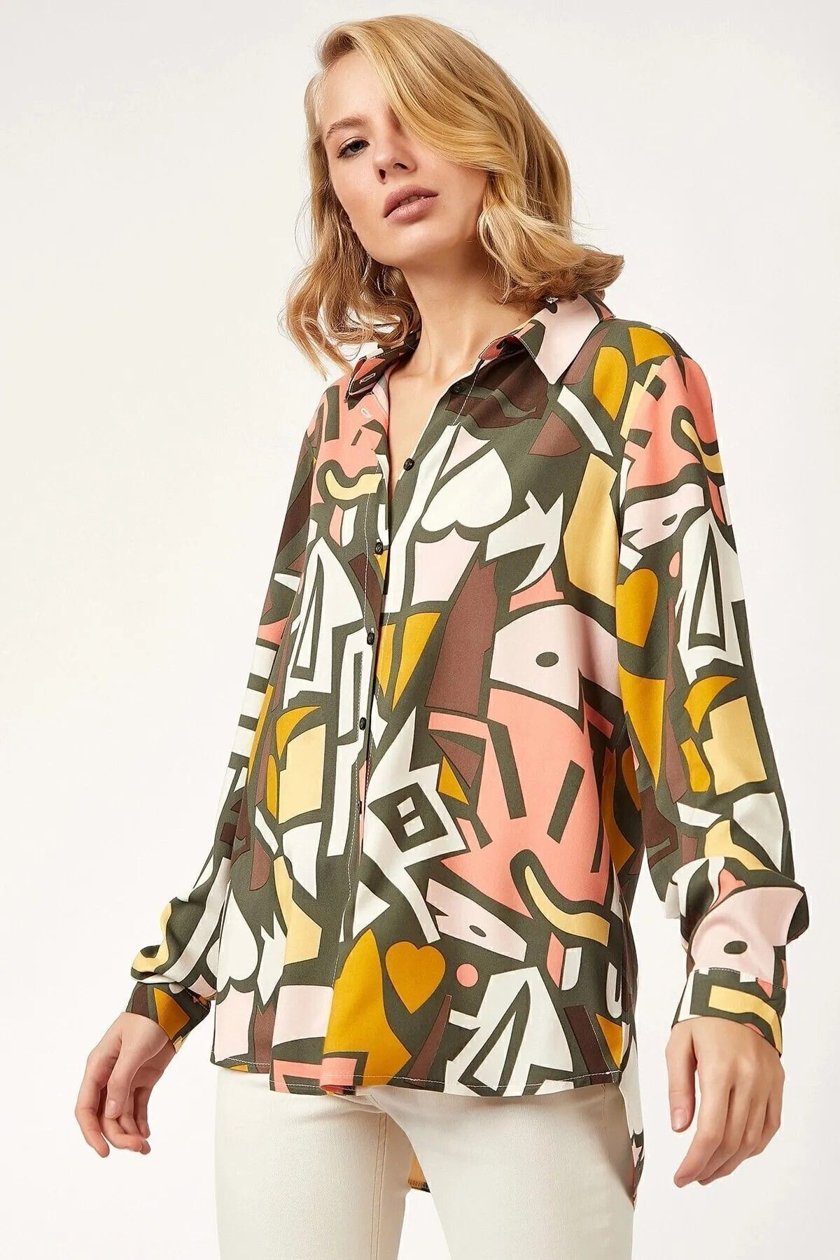 Kadın Haki Yeşil Beyaz Hardal Desenli Geometrik Desen Uzun Kollu