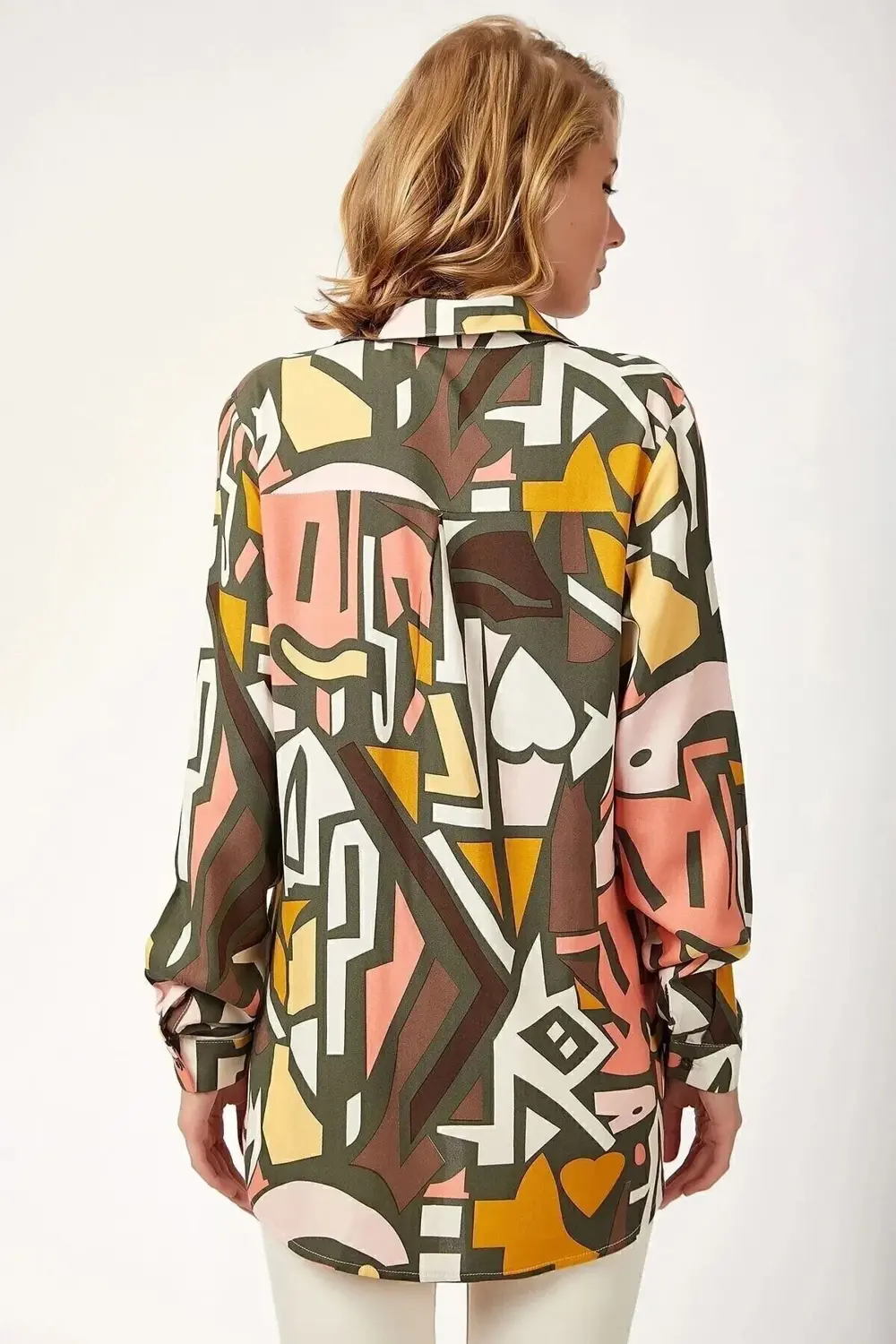 Kadın Haki Yeşil Beyaz Hardal Desenli Geometrik Desen Uzun Kollu