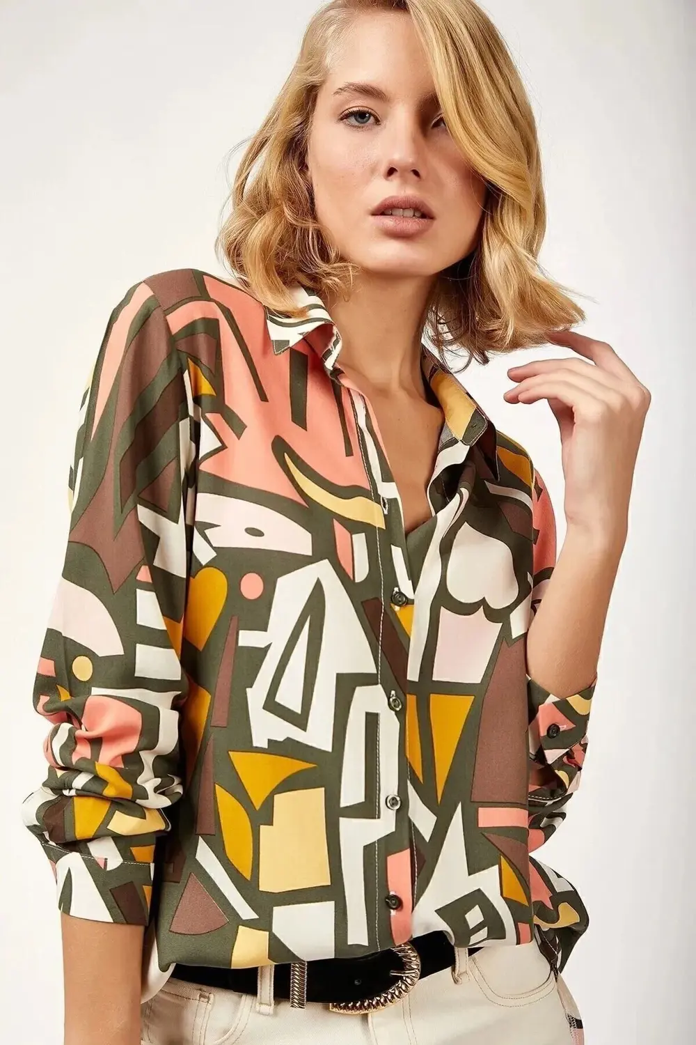 Kadın Haki Yeşil Beyaz Hardal Desenli Geometrik Desen Uzun Kollu