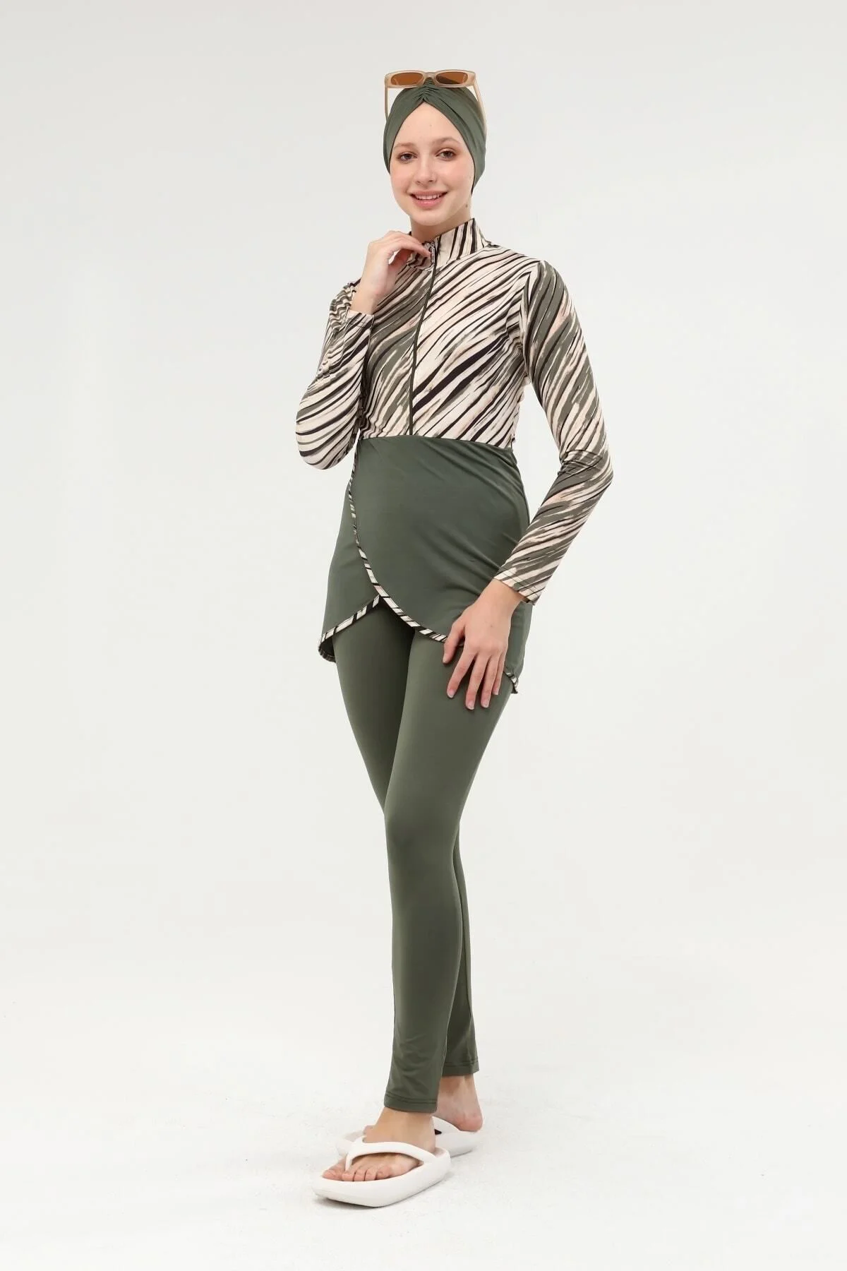 Kadın Haki Yeşil Kruvaze Etekli Tesettür Mayo 22663