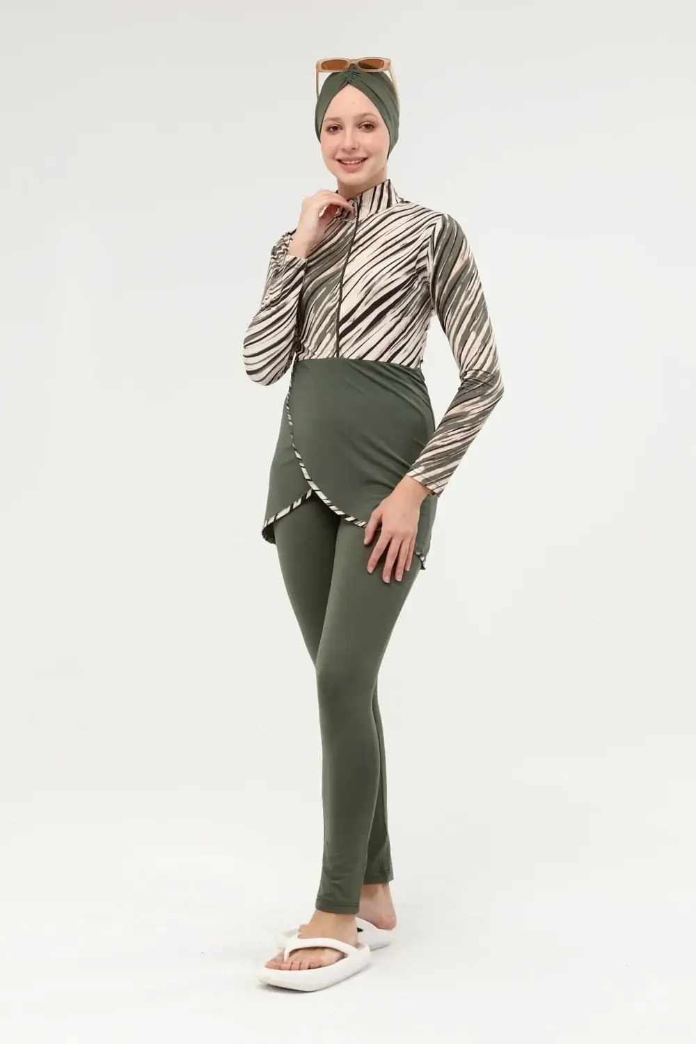 Kadın Haki Yeşil Kruvaze Etekli Tesettür Mayo 22663