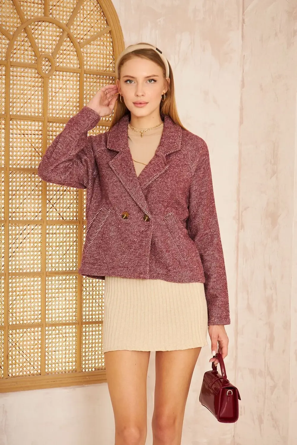 Kadın Haki Yeşil Rahat Kalıp Kendinden Dokulu Fitilli Kaşe Kumaş