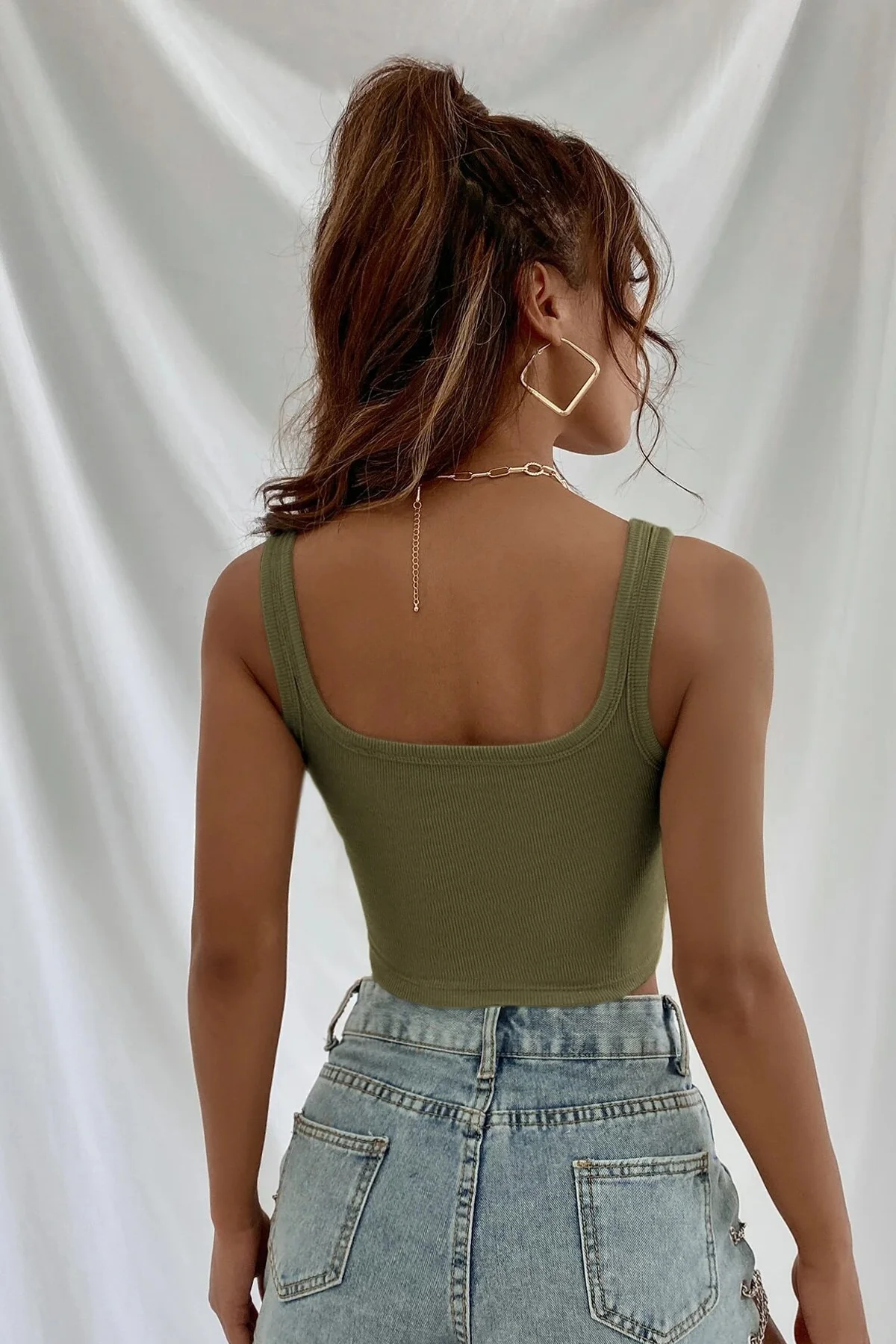 Kadın Haki Yeşili Kalın Askılı Crop Top Büstiyer - Şık ve Rahat