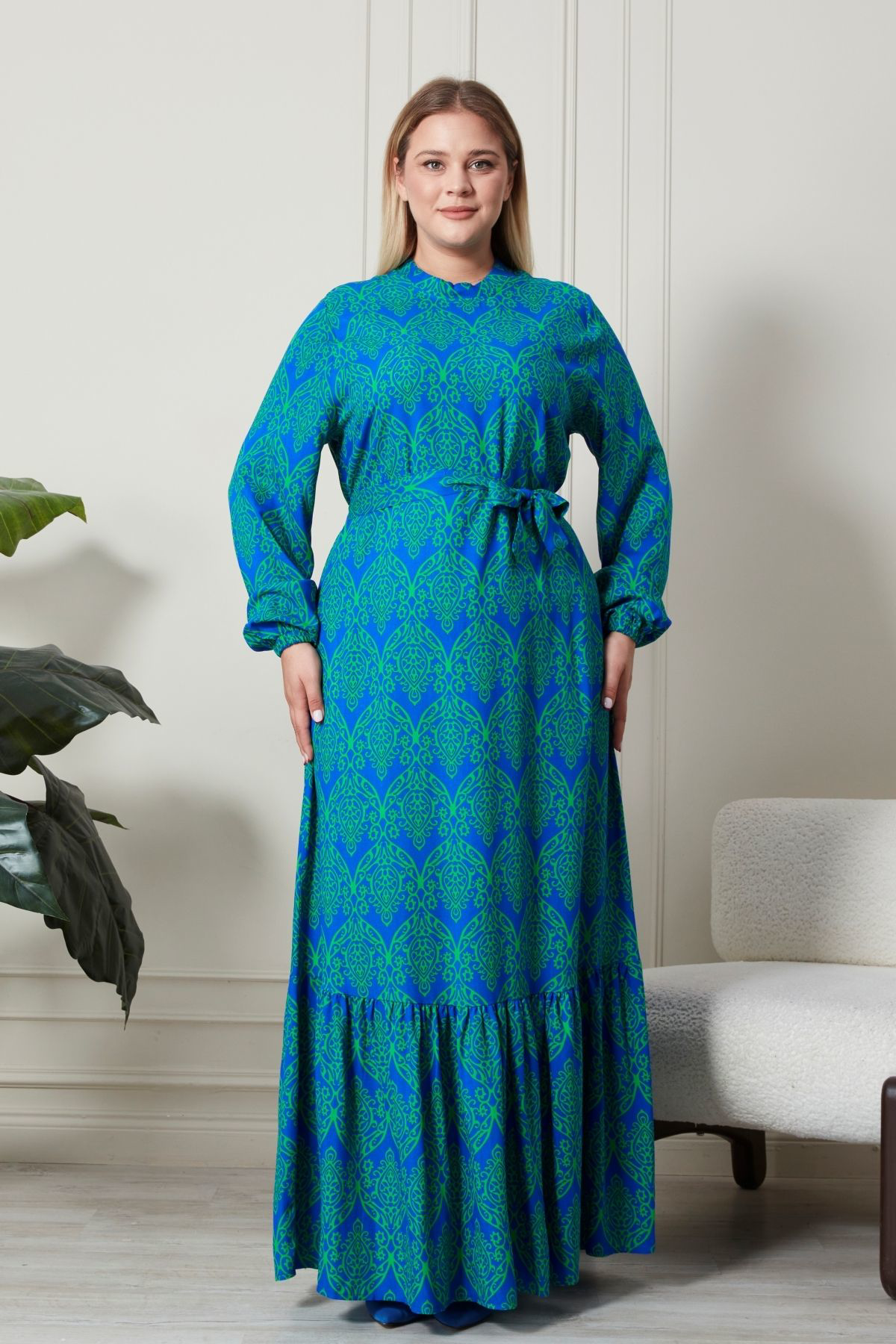 Kadin Hakim Yaka Buyuk Beden Elbise Tesettur Viskon Kumas Pileli